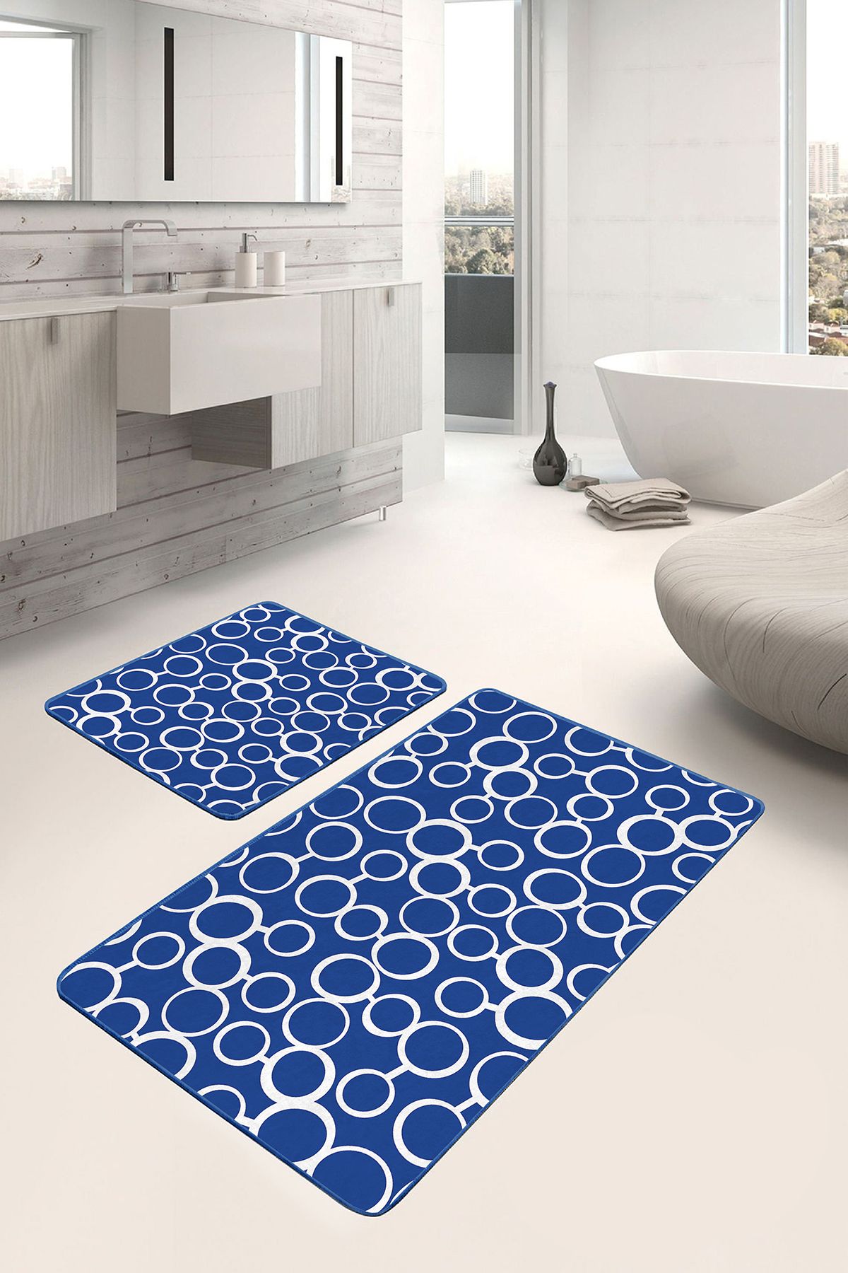 Realhomes 2'li Set Lacivert Zeminde Dairesel Motifli Geometrik Geometrik Klasik 2'li Banyo Paspas Takımı