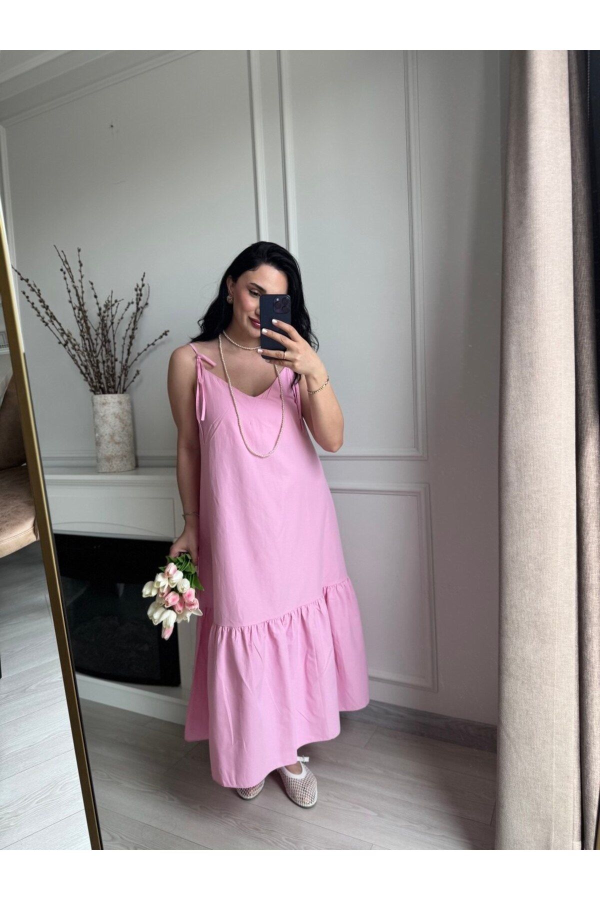 MSY KADIN PEMBE ASKILI MİDİ ELBİSE