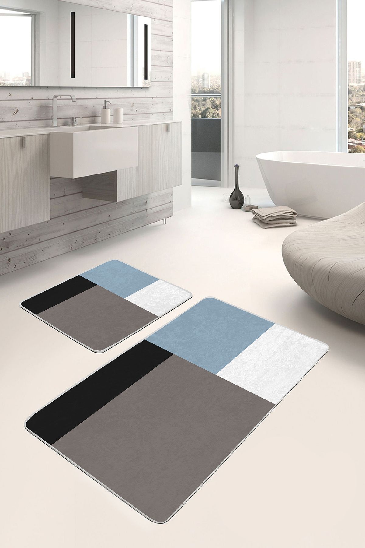 Realhomes 2'li Set Siyah - Mavi Zeminde Kareli Motifli Kanvas Geometrik Sade & Şık 2'li Banyo Paspas Takımı