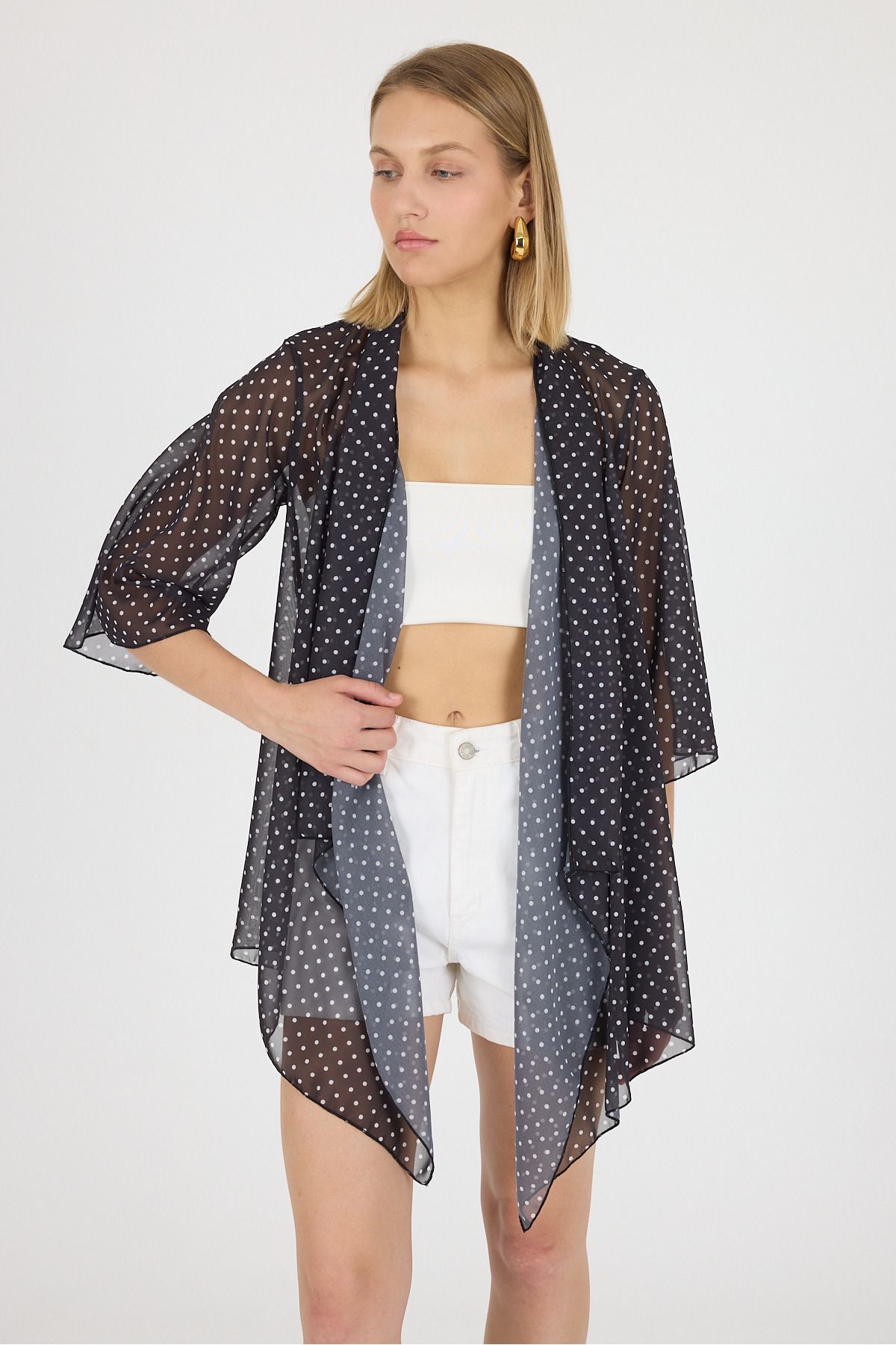 Laranor Puantiyeli Şal Yaka Volan Kol Şifon Kimono Kaftan Plaj Giyim 25L8102