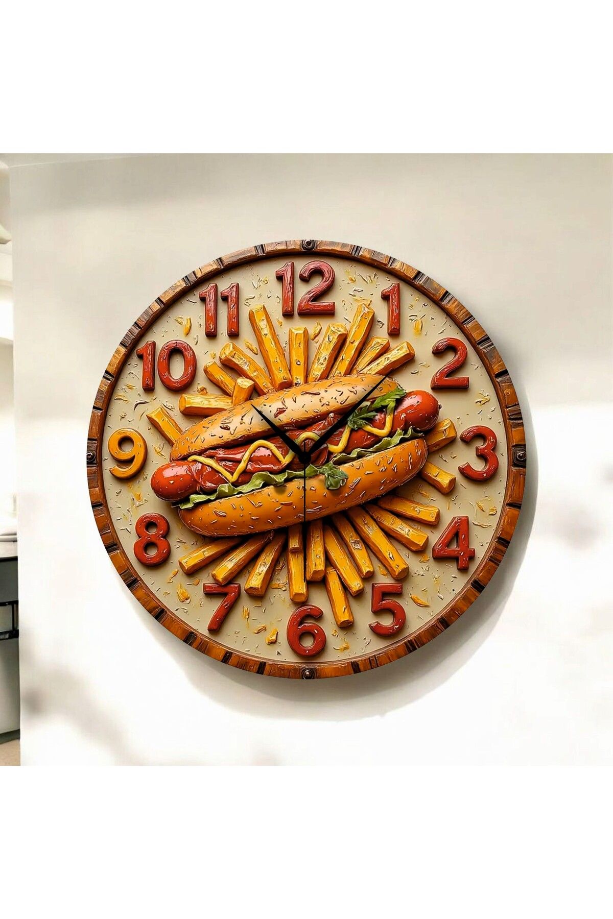 AA Shop Renkli Baskı Büfe Sosis Yemek Desenli Sayılı Hediyelik Ahşap Sessiz Duvar Saati 50cm