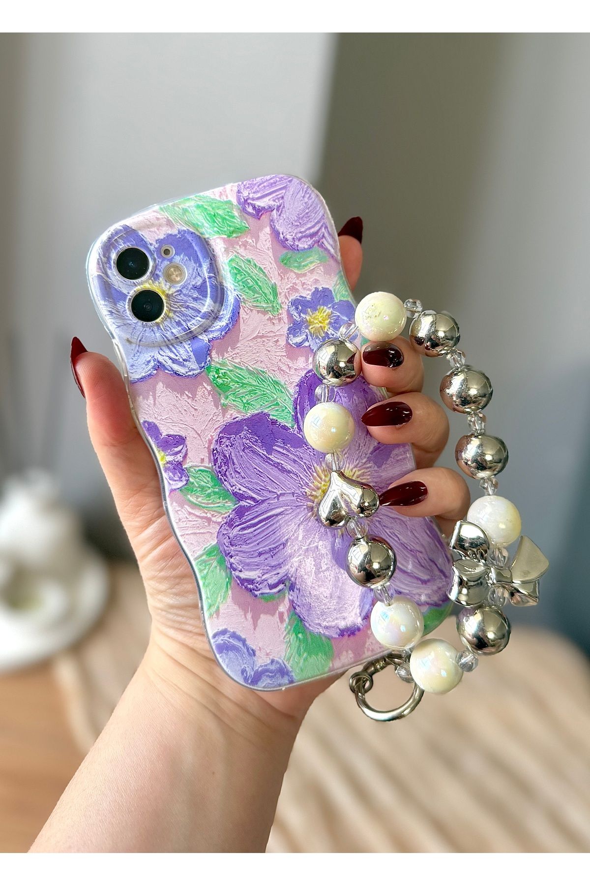MirazTasarim IPHONE 11 TELEFON CHARMLI ÇİÇEK DESENLİ ŞEFFAF BASKILI KILIF2