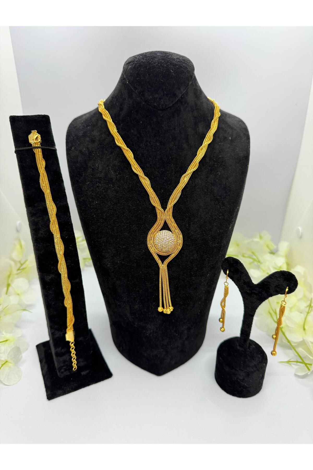 Constanza Exclusive 22 Ayar Altın Kaplama Burgu Model İnci Motif En Üst Kalite Takı Seti Lvd602