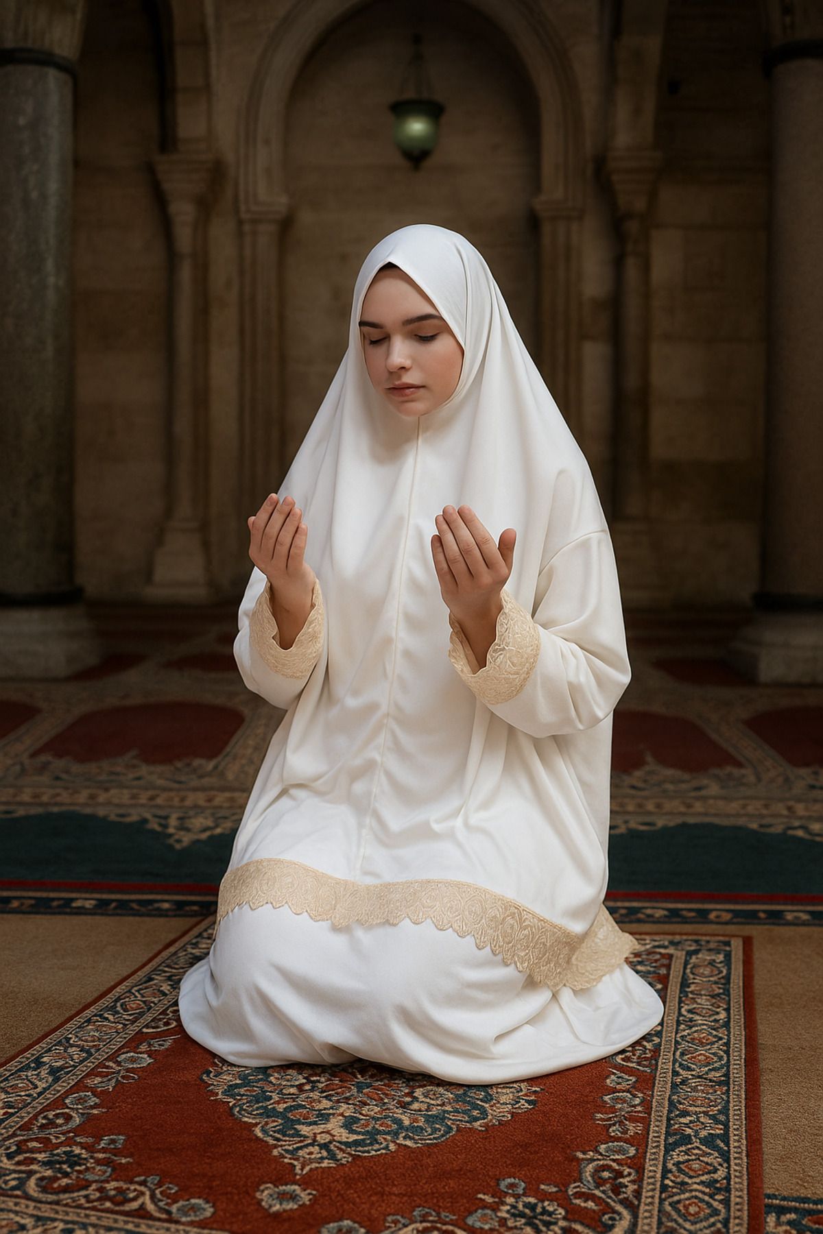 Defkay İki parça etekli dantelli kadın namaz elbisesi