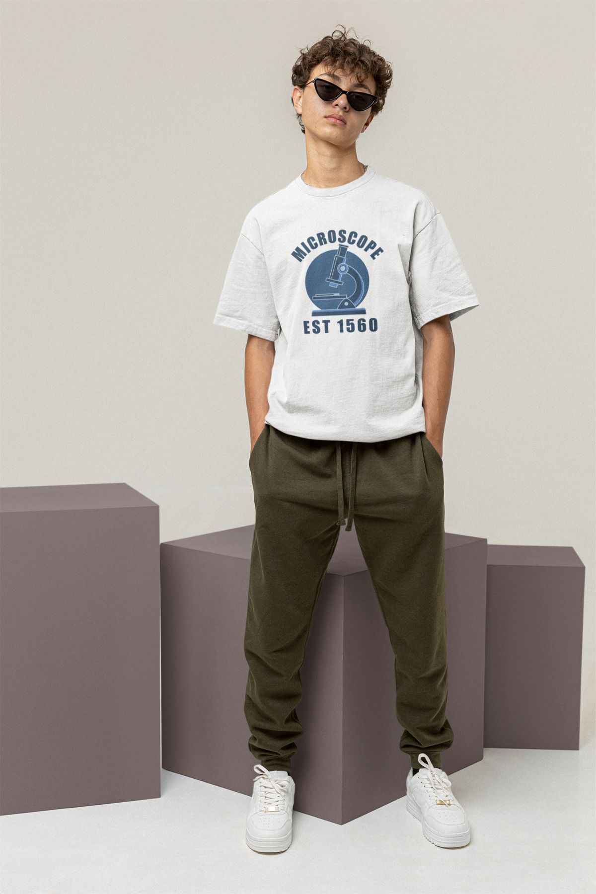 Uniquetex NUBENSE / MİKPA-04 - Oversize Unisex Mikroskop Baskılı Beyaz Bisiklet Yaka T-shirt (Bilim Tişört)