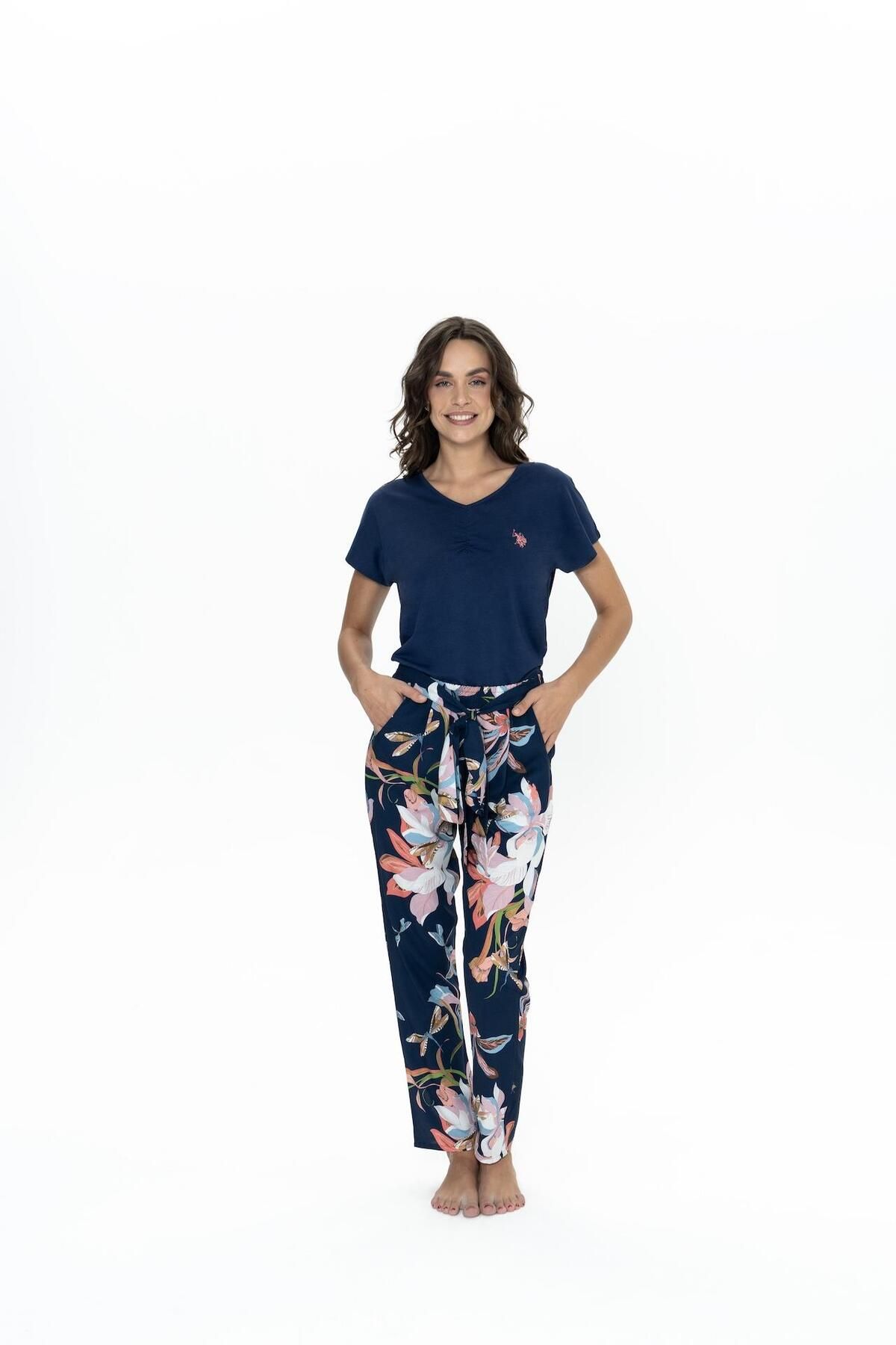 U.S. Polo Assn. Us Polo Kadın V Yaka Pijama Takım, Üst %50 Modal %50 Pamuk, Alt %100 Viskon