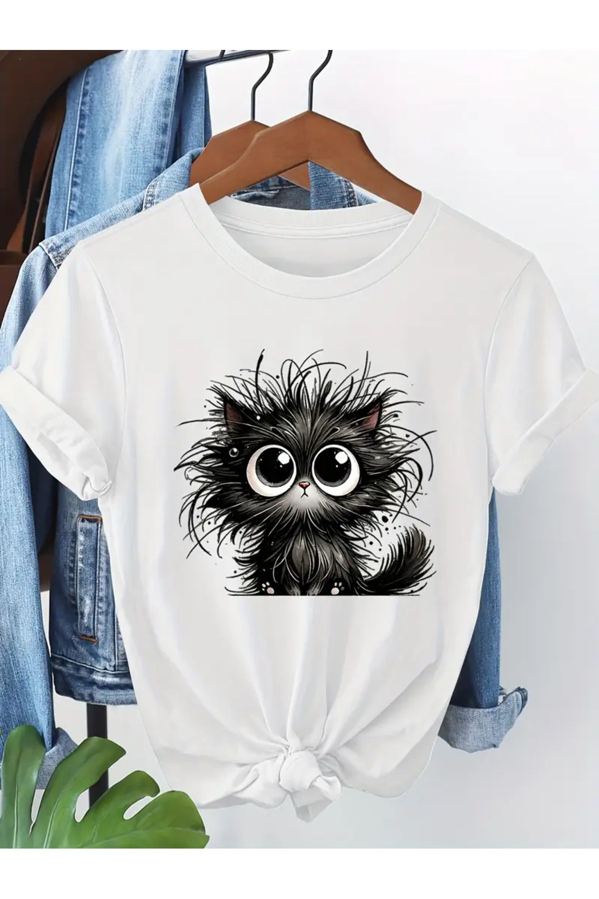 CLASİVA Sevimli Kedi Baskılı Unisex Oversize Bisiklet Yaka T-shirt