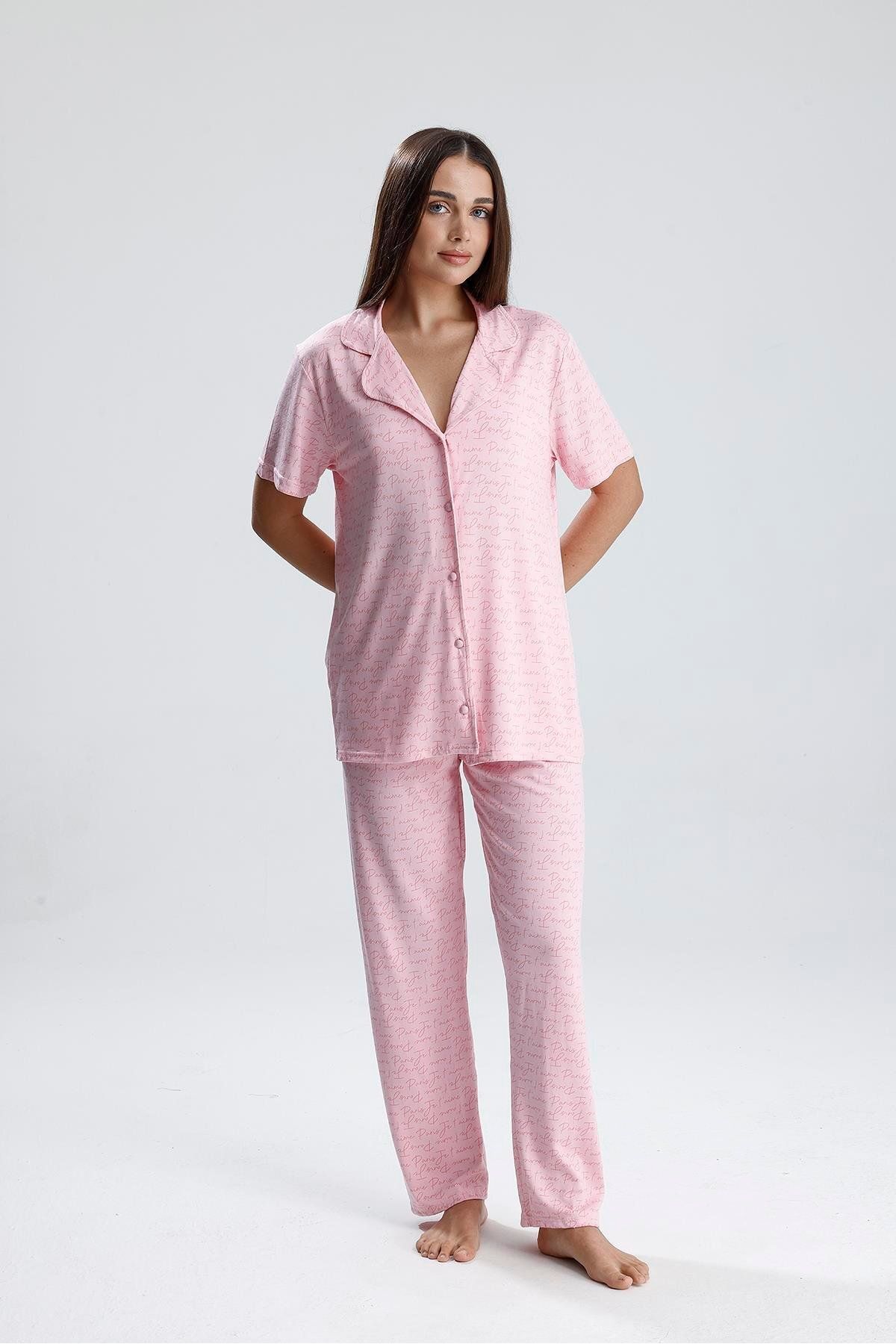 LİRONA Pembe Paris Yazı Desenli Kadın Pijama Takımı | 2072176506