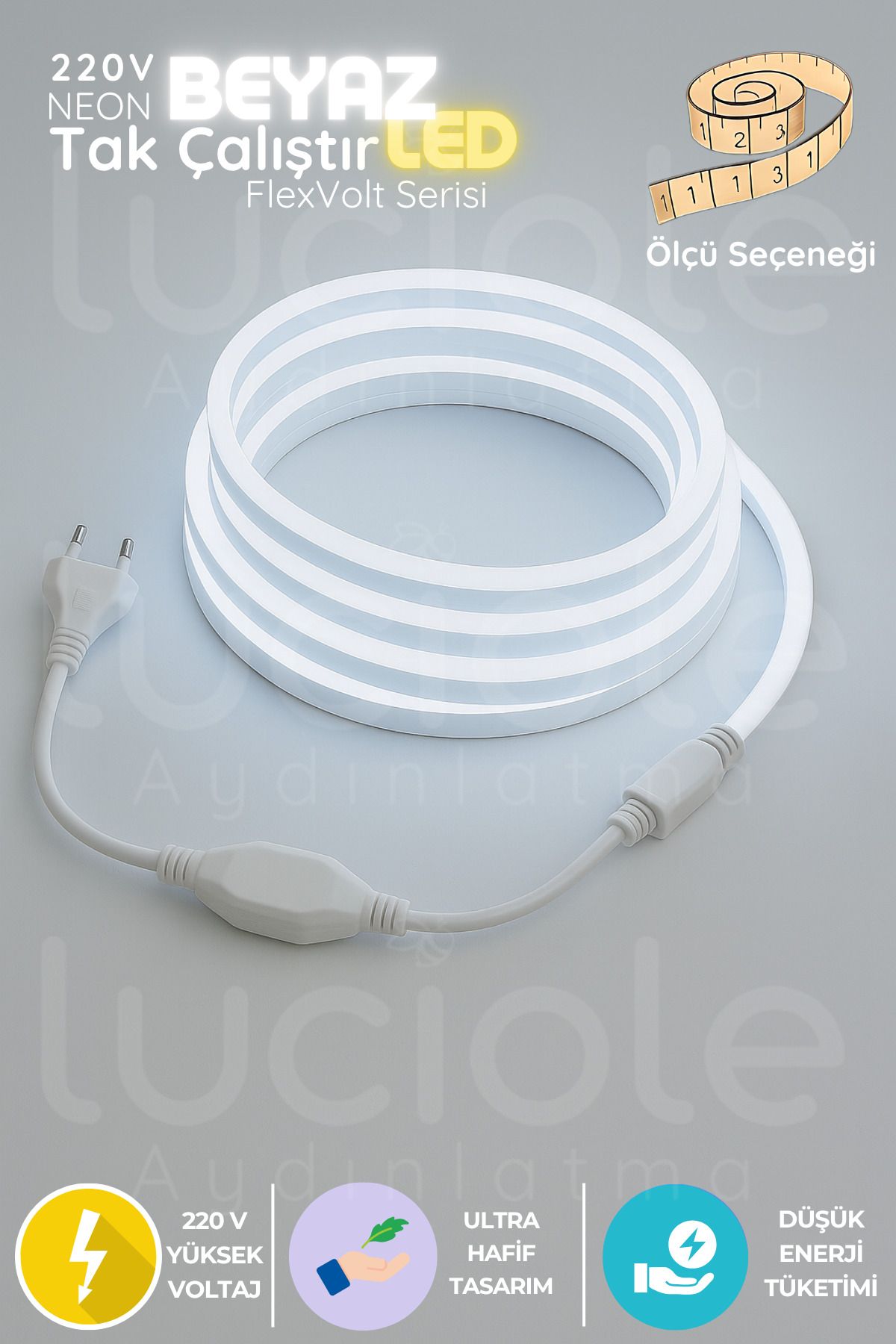 luciole 5 Metre FlexVolt 220V Fişli Soğuk Beyaz Neon LED Şerit Işık – Tak Çalıştır Pratik Aydınlatma