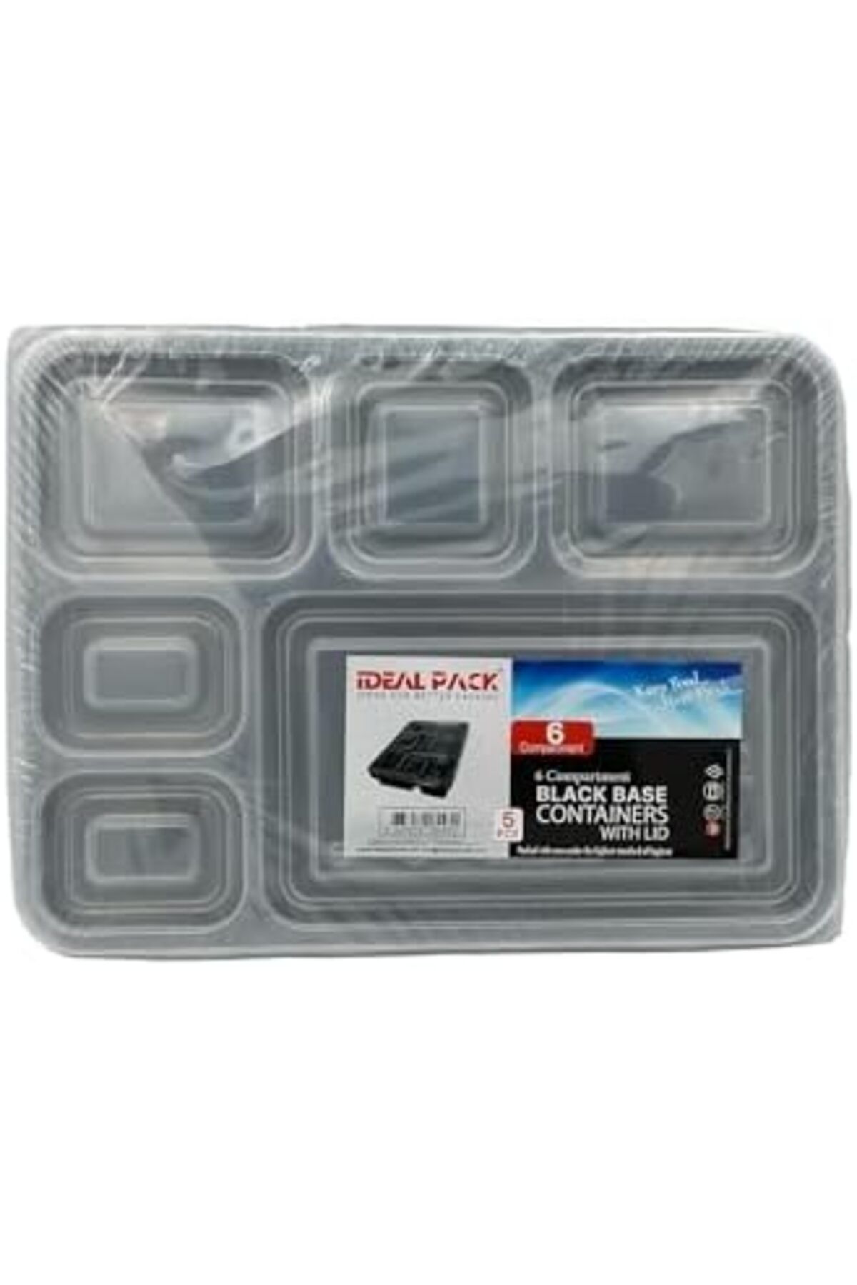 Ideal Pack-Black Base Rectangular 6-Compartment Food Containers with Lids – Pack of 5 2
