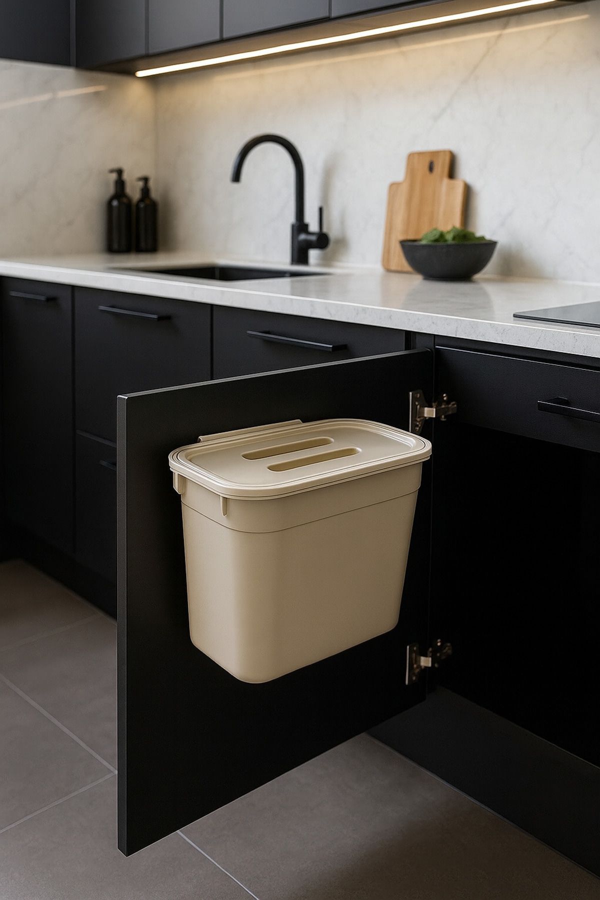 AENLINE HOME AENLINE 7 Litre Kapaklı Tezgah Üstü Pratik Mutfak Çöp Kovası – Bej