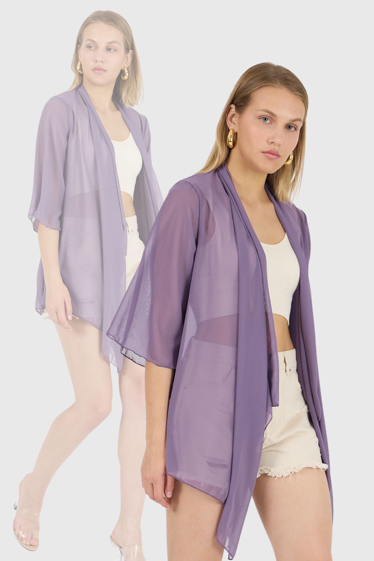 Laranor Mor Şal Yaka Volan Kol Şifon Kimono Kaftan Plaj Giyim 25L8101