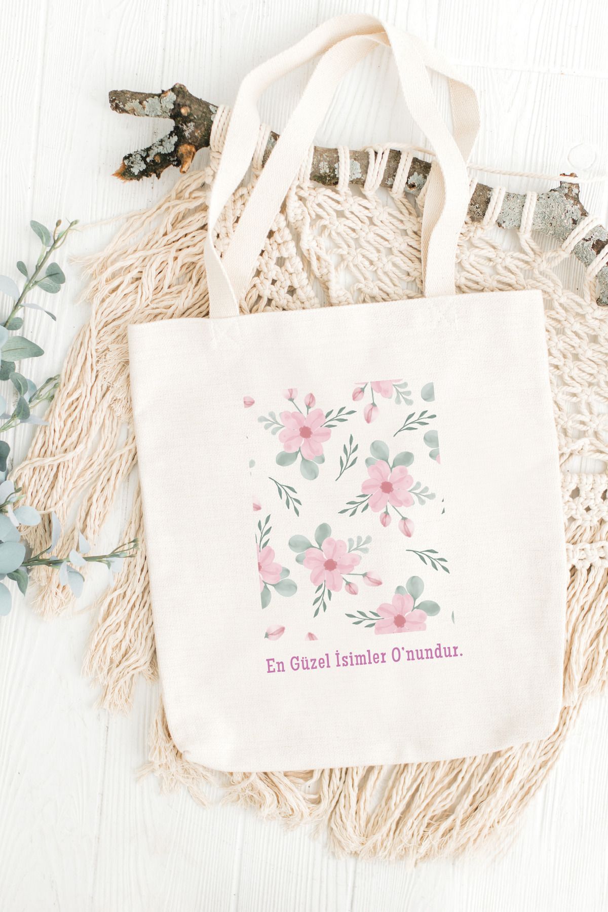 Bi Dünya Store En Güzel İsimler O'nundur Baskılı Bez Çanta (Pembe Çiçekli)
