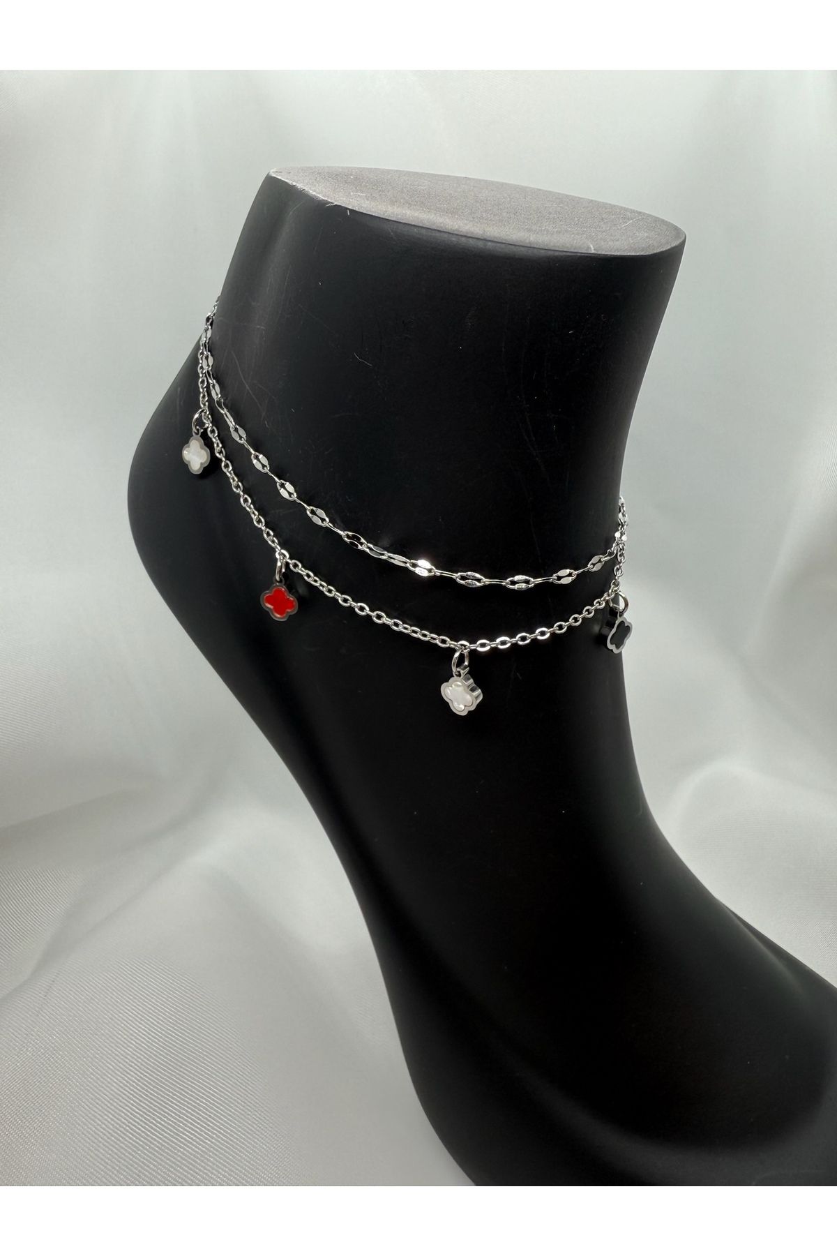Mila Lumiere Renkli Yonca Figürlü Çift Zincir Gümüş Silver Renk Çelik Halhal