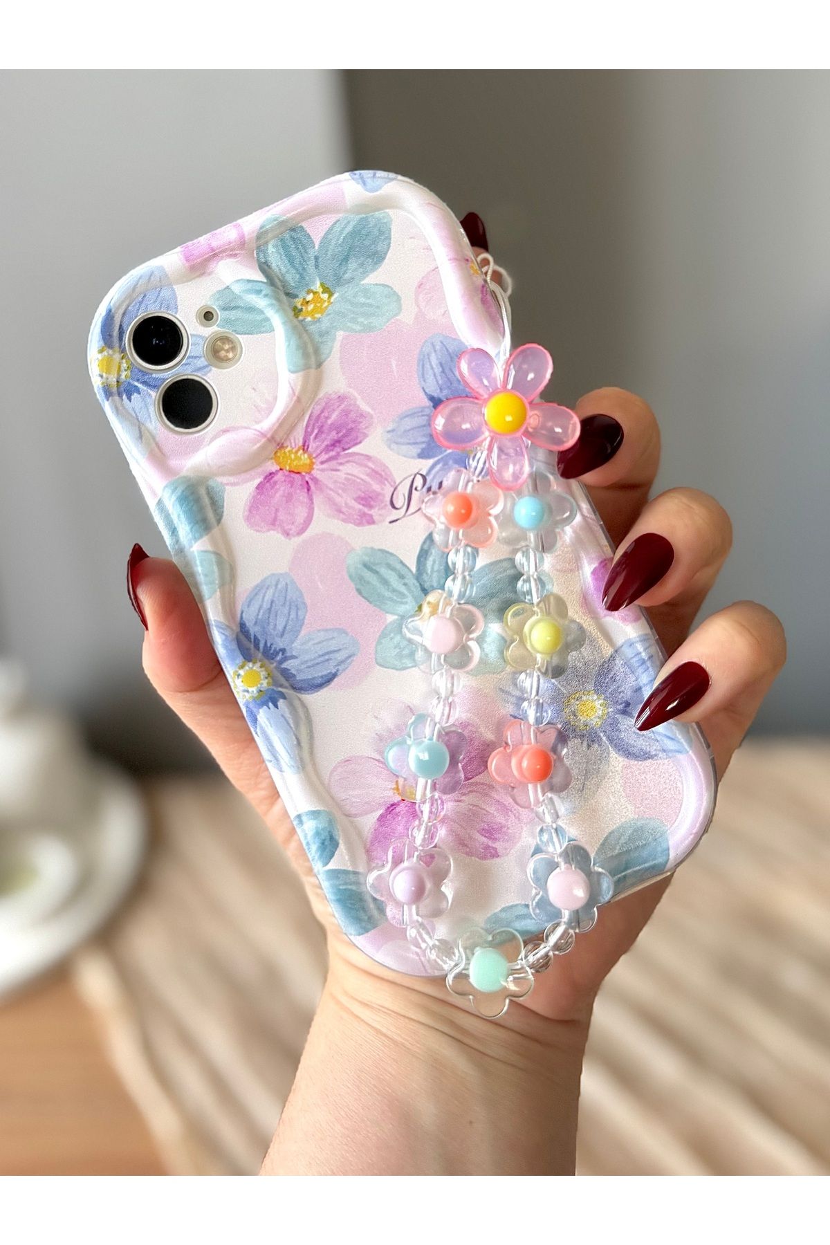 MirazTasarim IPHONE 11 TELEFON CHARMLI ÇİÇEK DESENLİ ŞEFFAF BASKILI KILIF