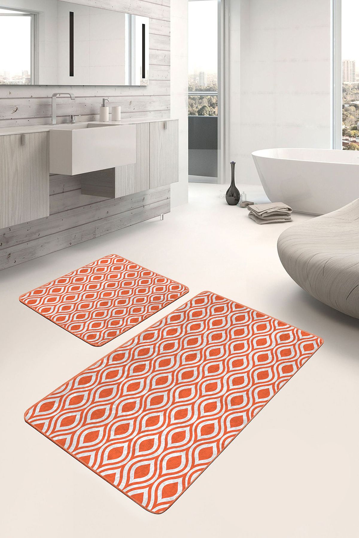 Realhomes 2'li Set Turuncu Zeminde Geometrik Motifli Klasik Desenli Geometrik Klasik 2'li Banyo Paspas Takımı