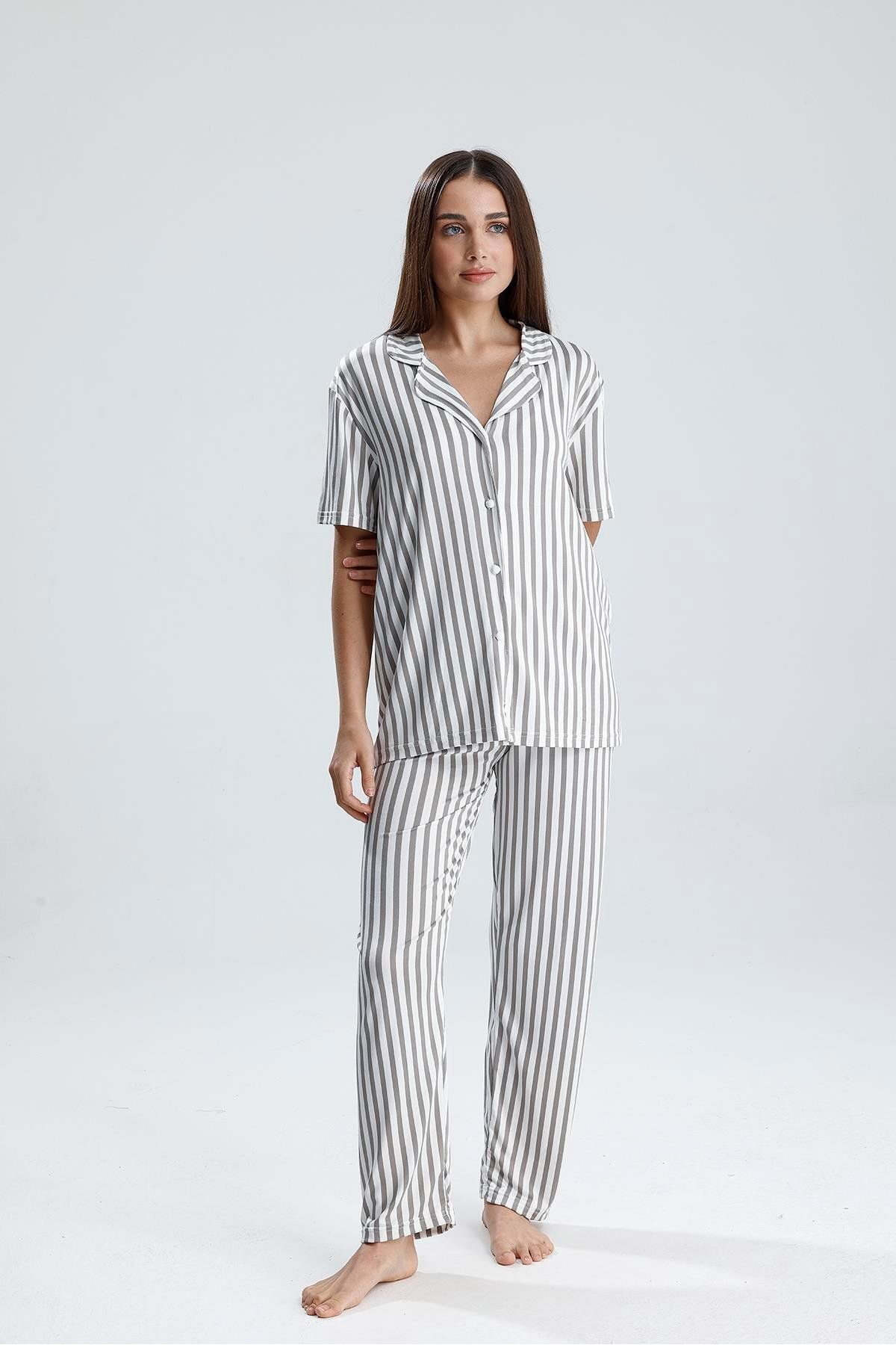 LİRONA Gri Çizgili Kısa Kollu Kadın Pijama Takımı | 2072176506