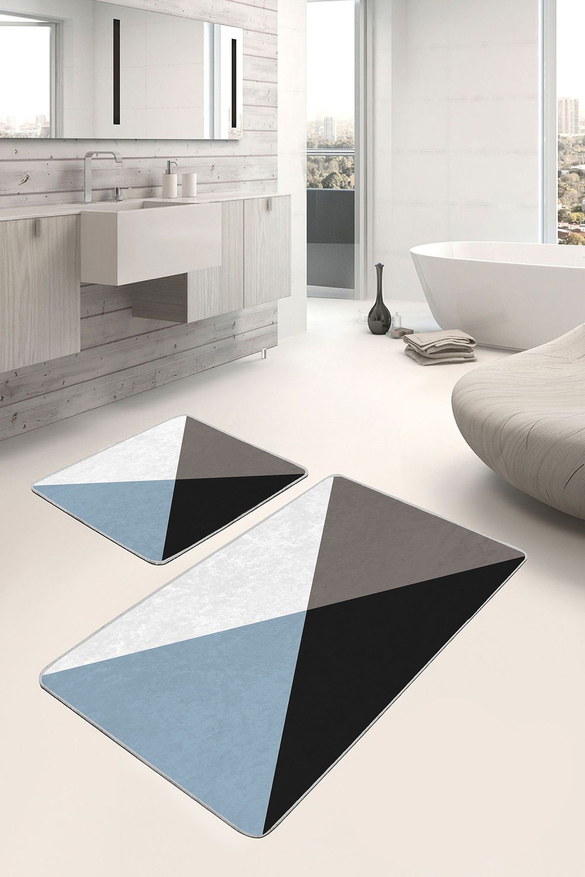 Realhomes 2'li Set Siyah - Mavi Zeminde Üçgen Motifli Geometrik Geometrik Klasik 2'li Banyo Paspas Takımı
