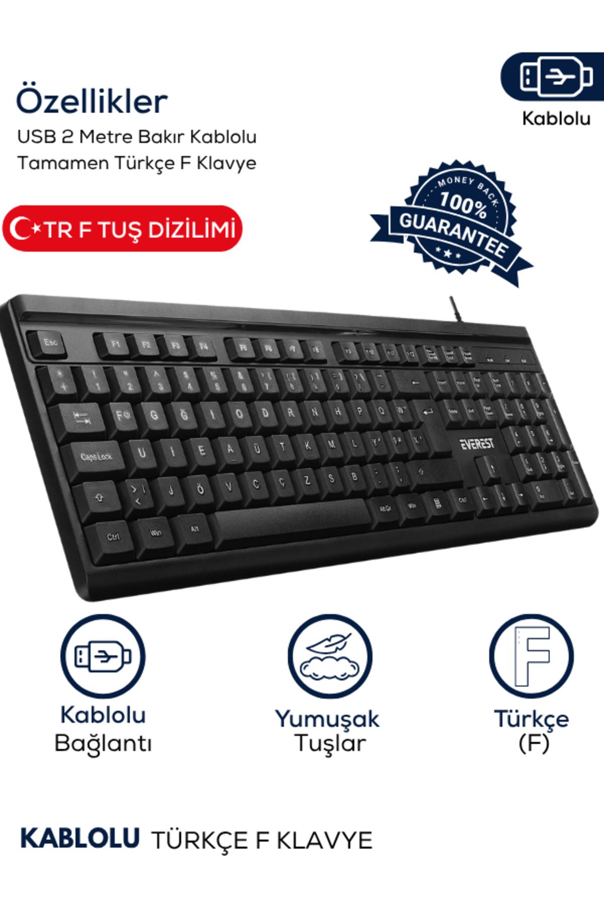 Maybax Siyah USB 2 Metre Bakır Kablolu Tamamen Türkçe F Klavye