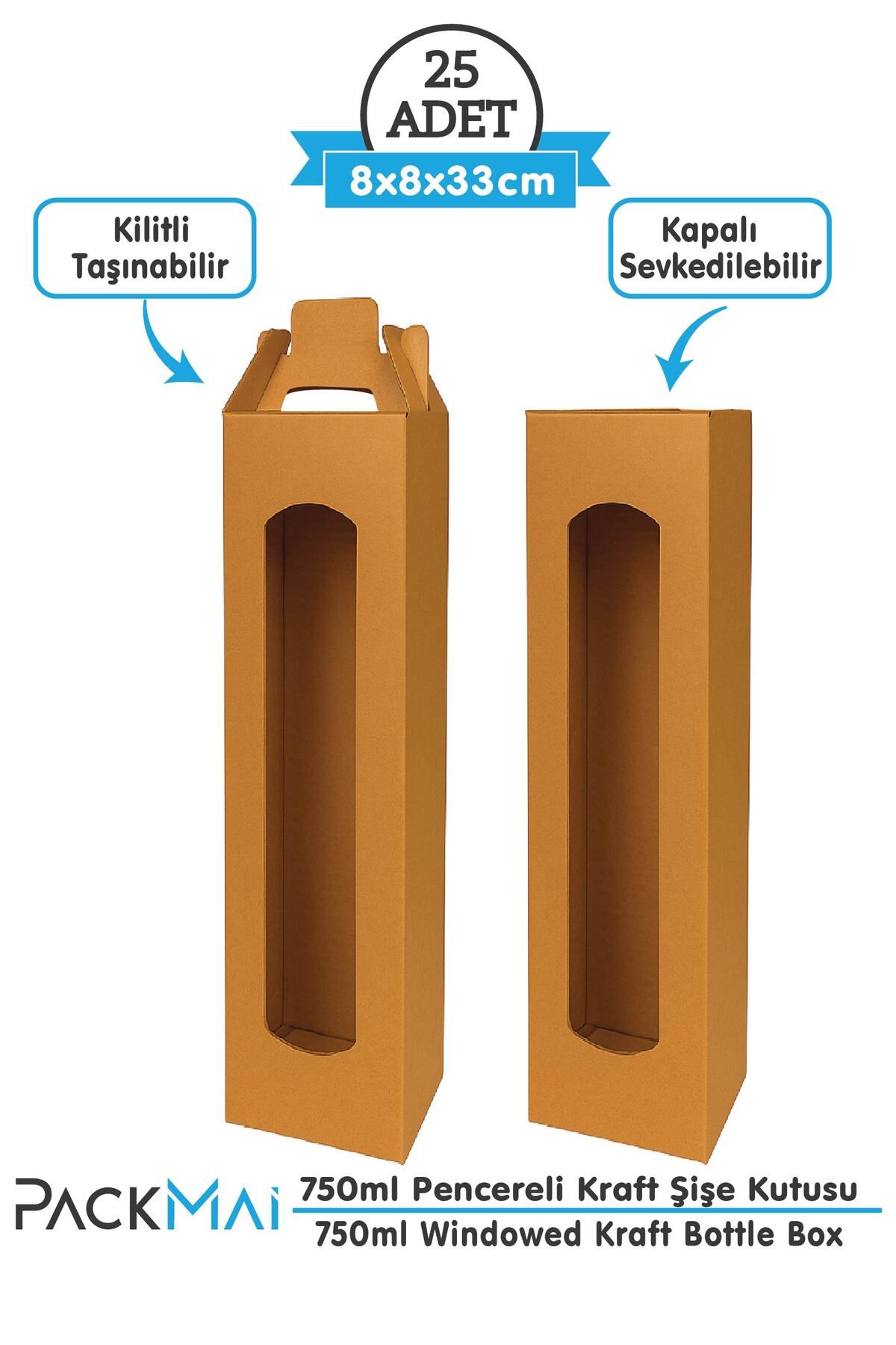 PackMai 8x8x33cm 25 ADET Pencereli Kraft Şişe Kutusu, Taşıma Saplı – Zeytinyağı, Sirke ve Cam Şişe Uyumlu