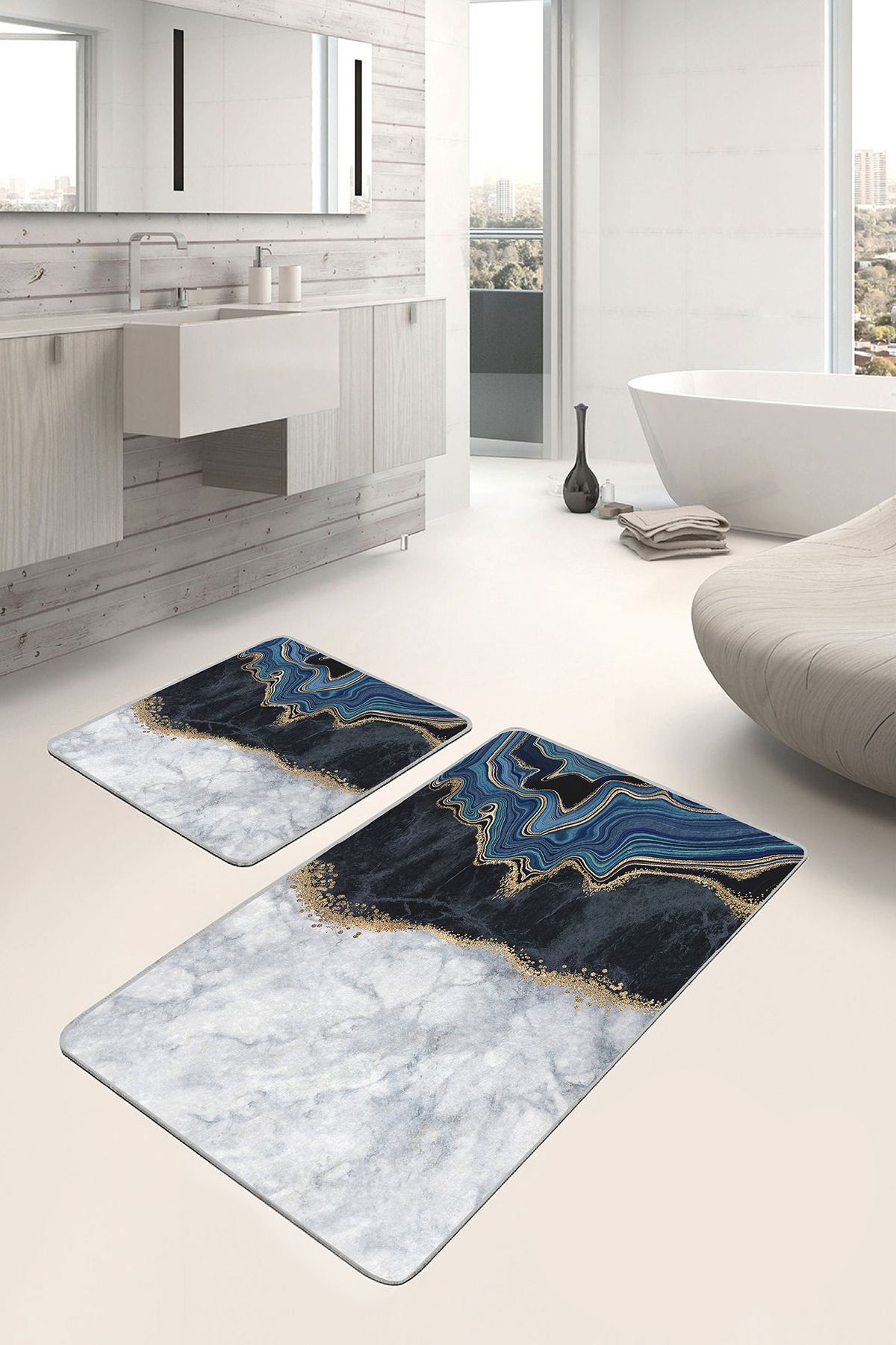 Realhomes 2'li Set Gold - Gri Zeminde Kanvas Motifli Mermer Desenli Sade & Şık Klasik 2'li Banyo Paspas Takımı