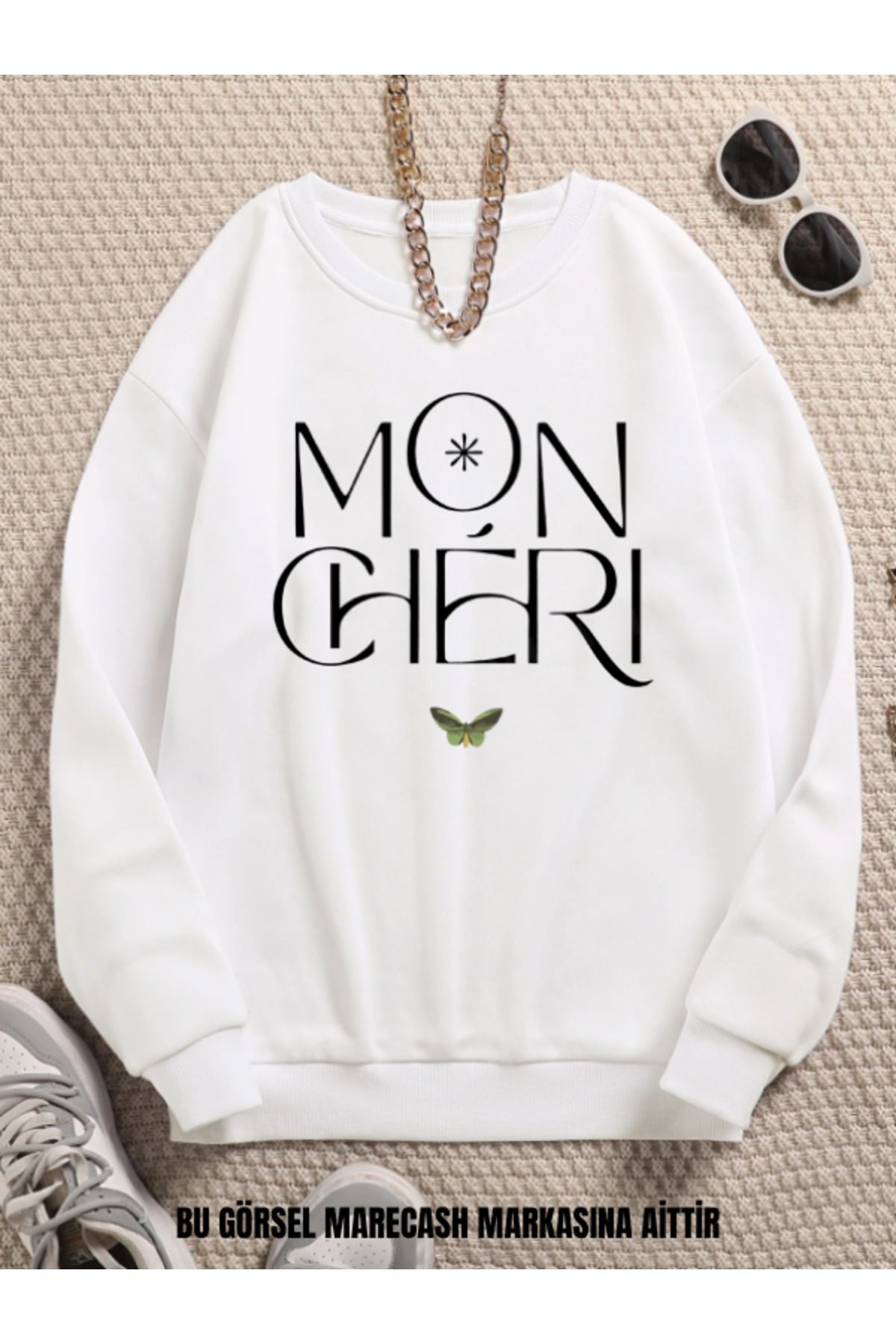 MARECASH Mon Cheri Baskılı Unisex Bisiklet Yaka Sweatshirt 3 İplik Kışlık