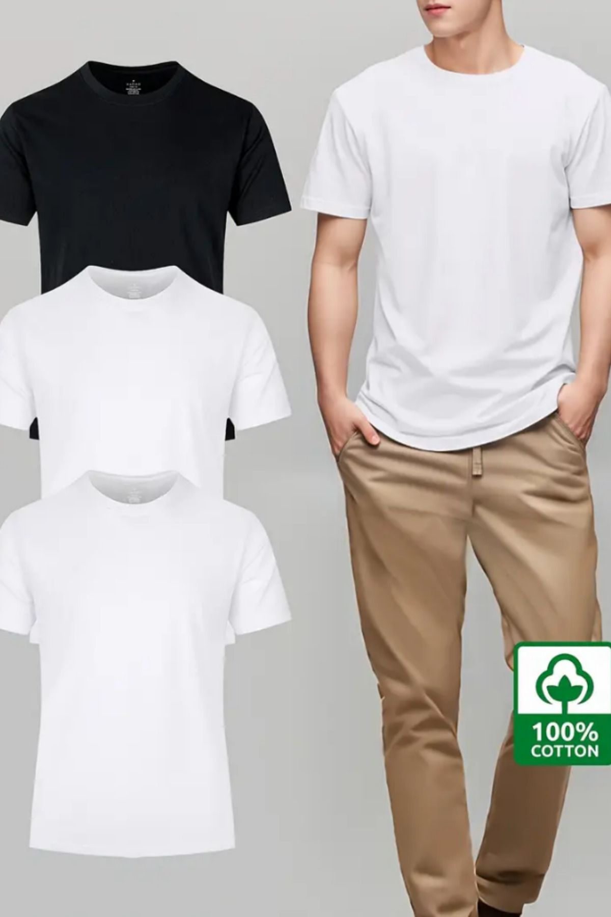 BLUE STREET Beyaz Beyaz Siyah 3'lü Basic Bisiklet Yaka T-shirt