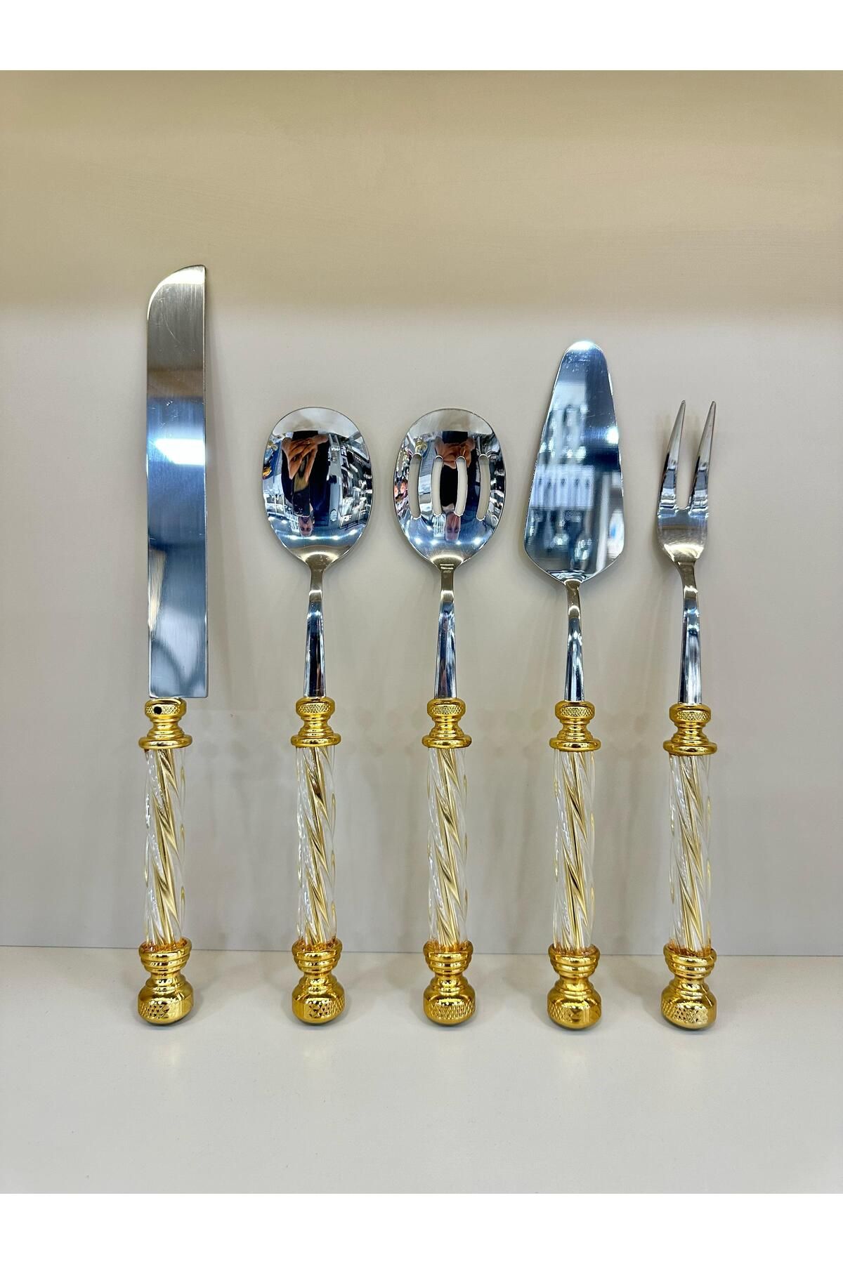 Litya Home ROYKİNG 5 PARÇA CAM DESENLİ GOLD SAPLI SERVİS SETİ