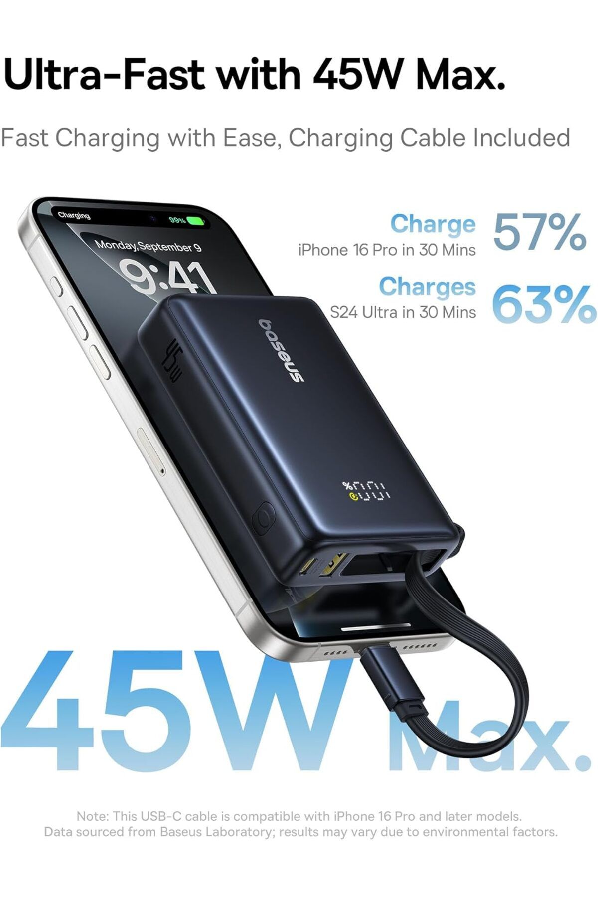 Baseus-10,000mAh Fast Charging Power Bank, 45W USB-C Cable, LED Display, 45W PD, 22.5W QC 3.0, for i 3