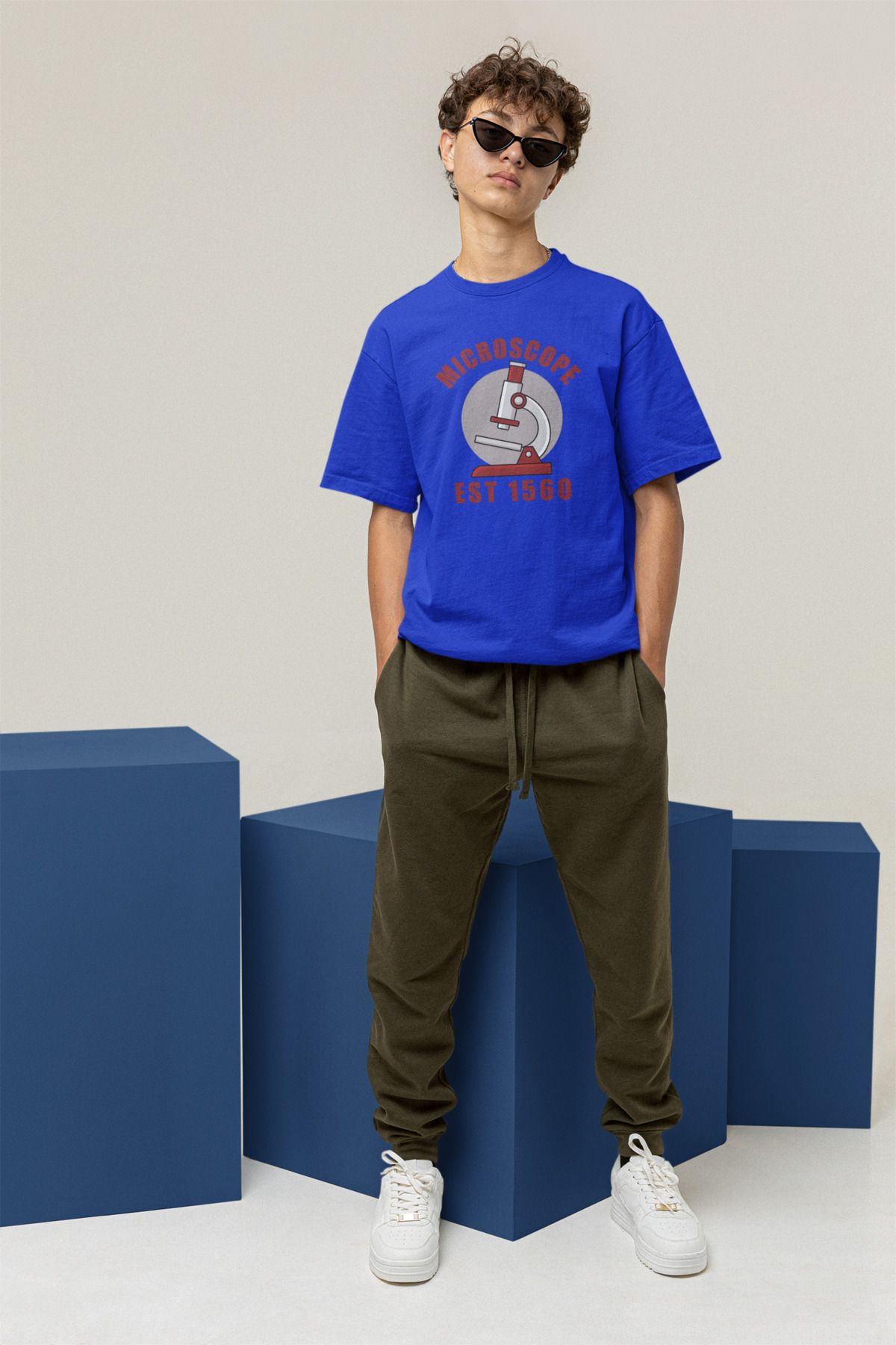 Uniquetex NUBENSE / MİKPA-11 - Oversize Unisex Mikroskop Baskılı Sax Mavi Bisiklet Yaka T-shirt (Bilim Tişört)