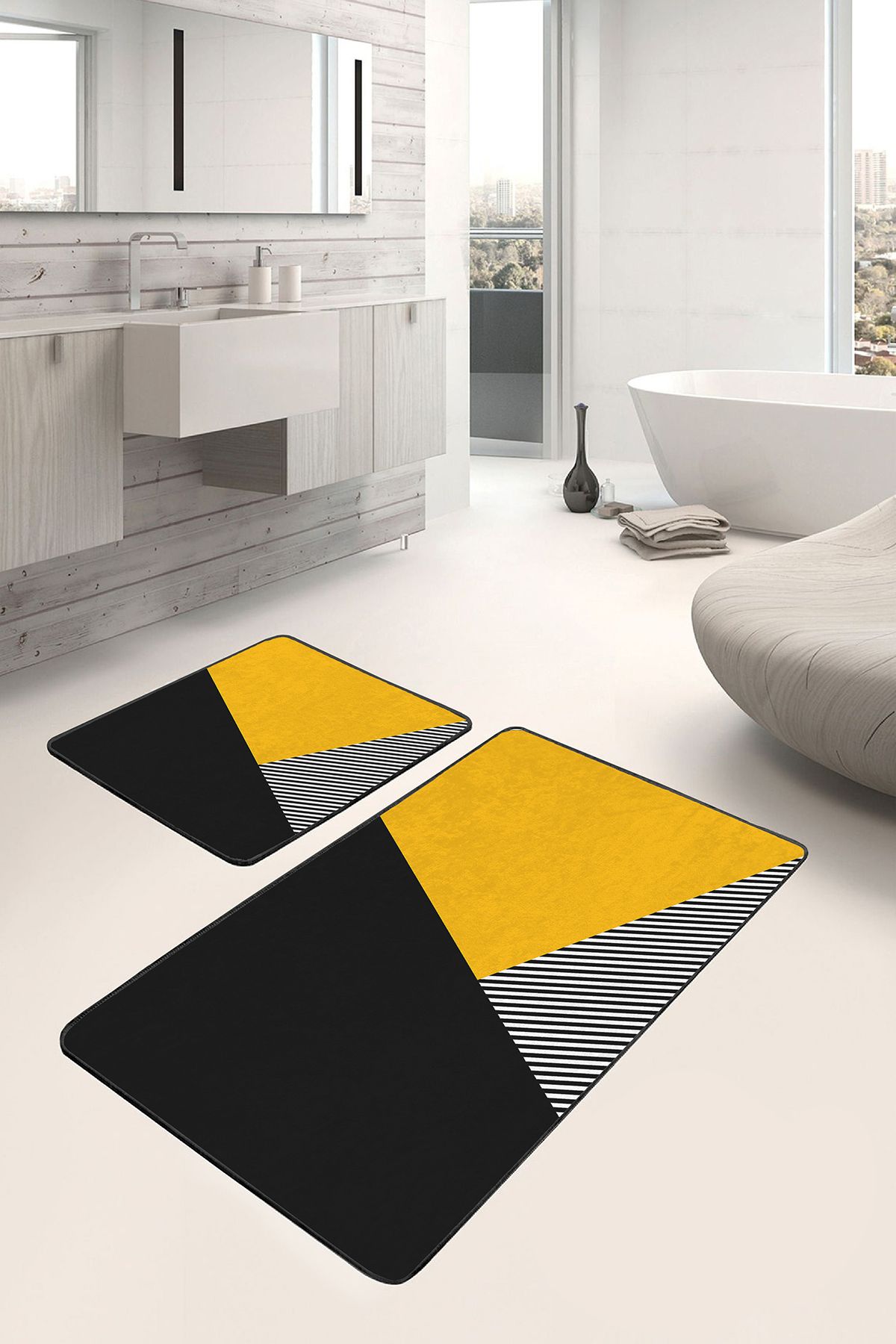 Realhomes Sarı - Siyah Zeminde Modern Motifli Geometrik Geometrik Sade & Şık 2'li Banyo & Mutfak Paspas Takımı