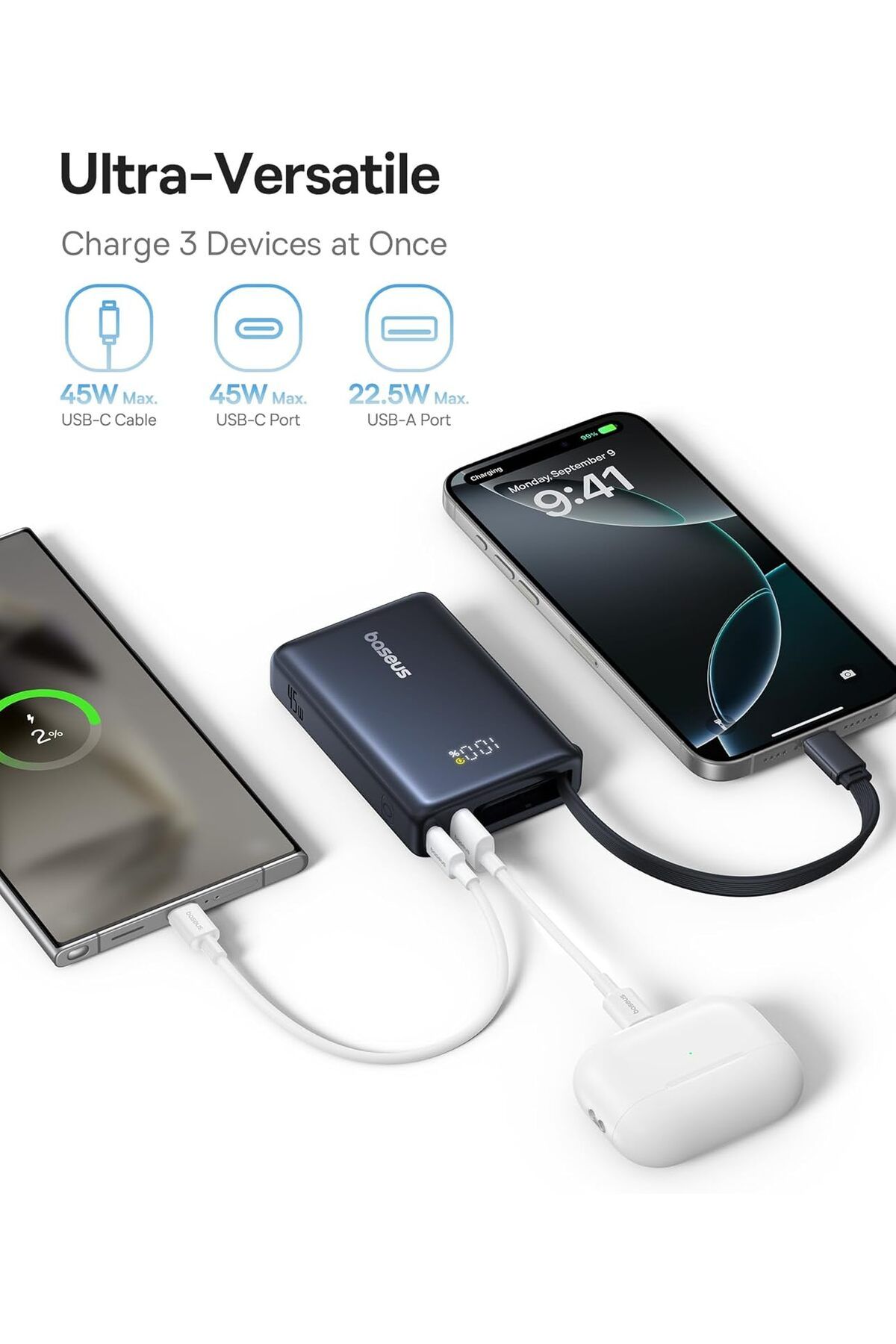 Baseus-10,000mAh Fast Charging Power Bank, 45W USB-C Cable, LED Display, 45W PD, 22.5W QC 3.0, for i 7