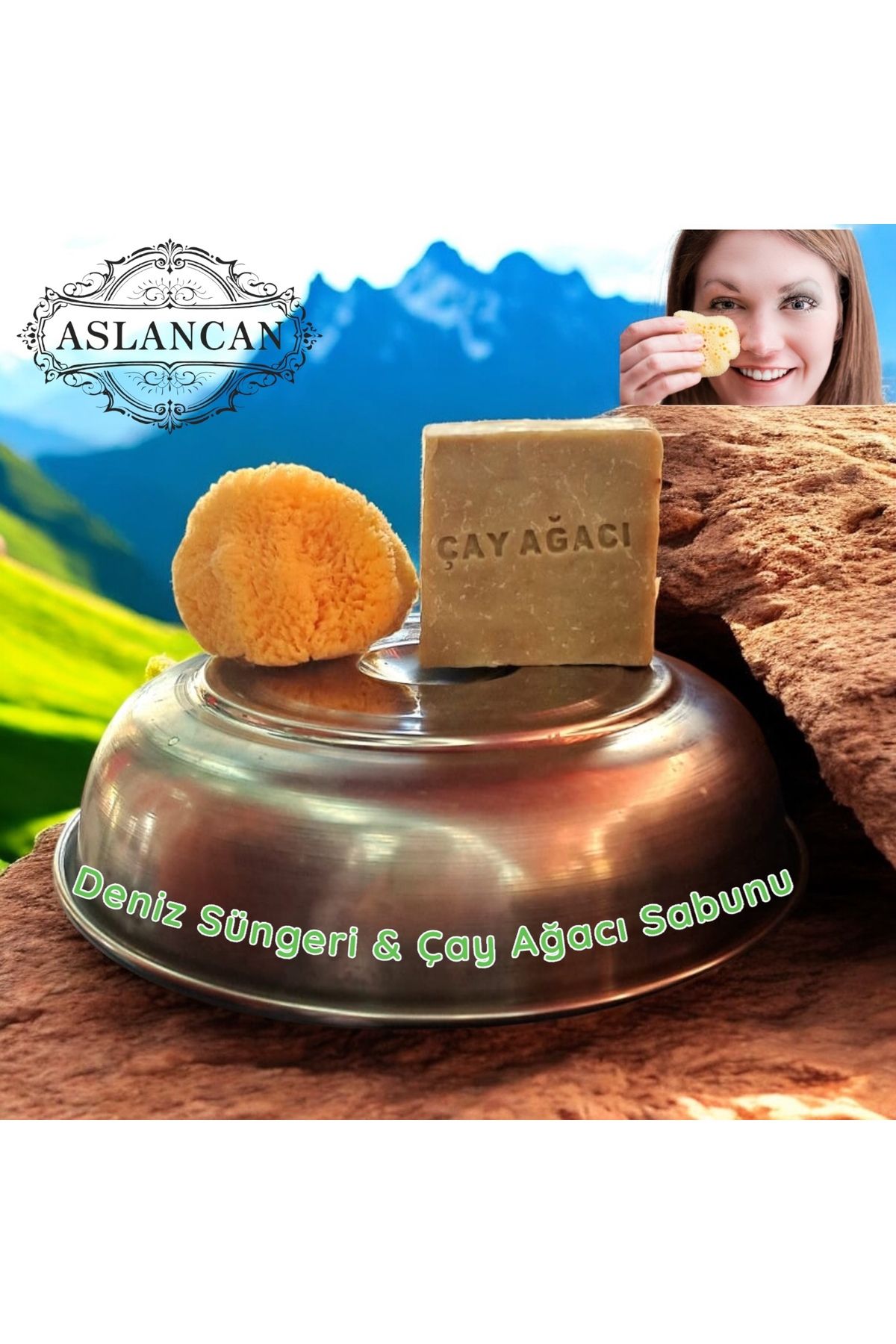 ASLANCAN Doğal Cilt Bakım Seti | Çay Ağacı Sabunu + Küçük Deniz Süngeri