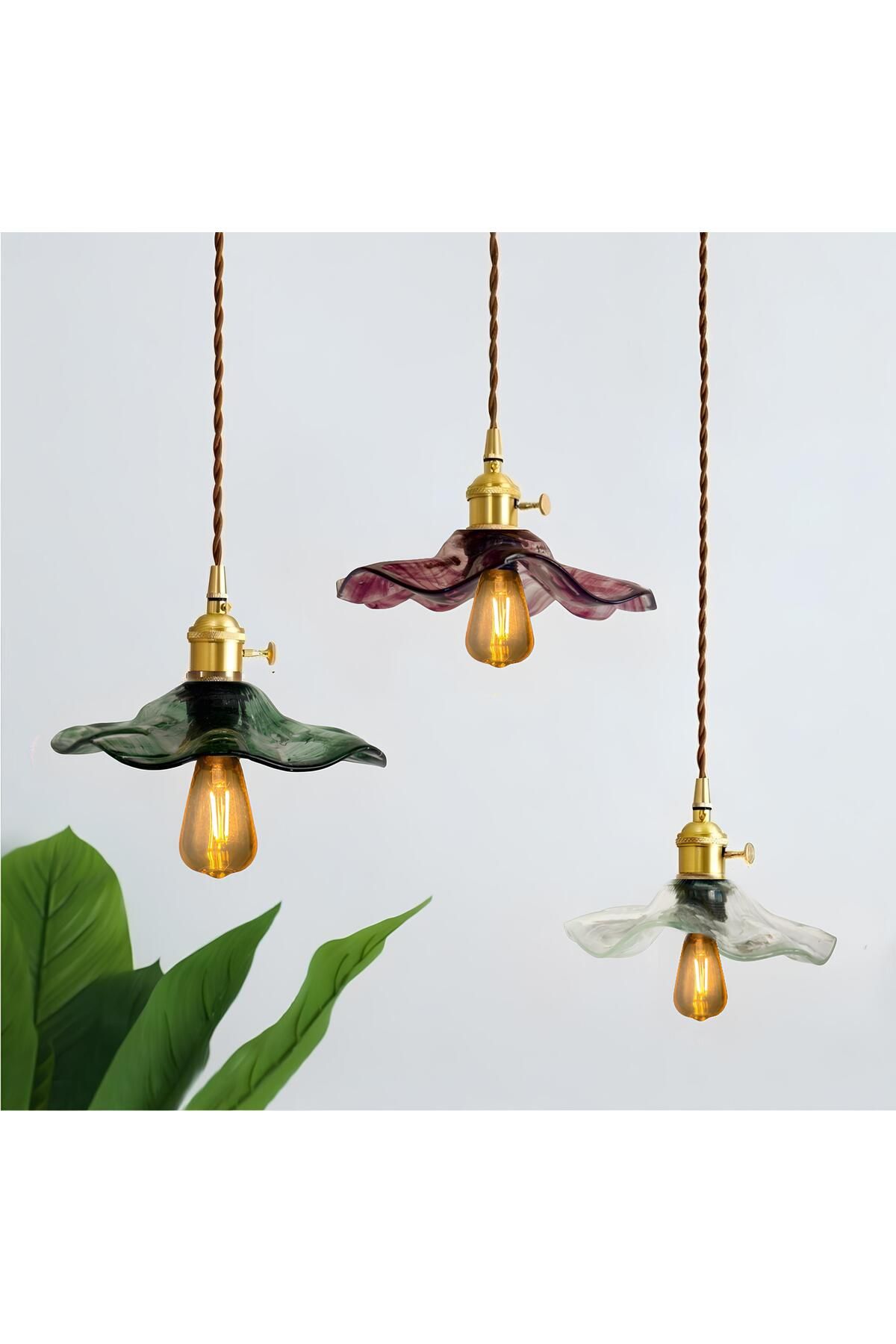 burenze Modern Tasarım Vintage Boheme El Yapımı Karışık Renkli Camlı Üçlü Sarkıt Avize Eskitme Gold