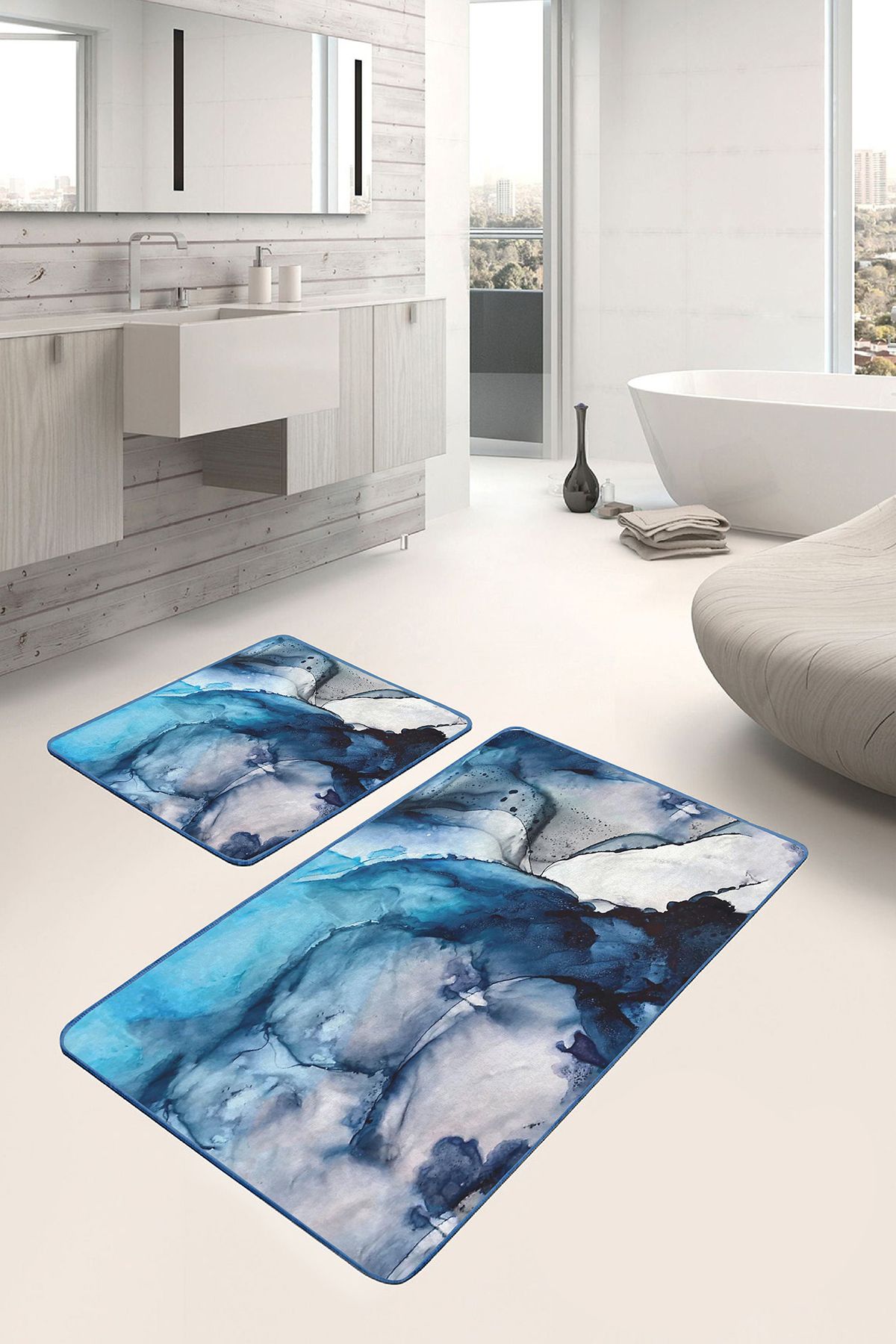 Realhomes 2'li Set Lacivert Zeminde Kanvas Motifli Boyama Desenli Sade & Şık Modern 2'li Banyo Paspas Takımı