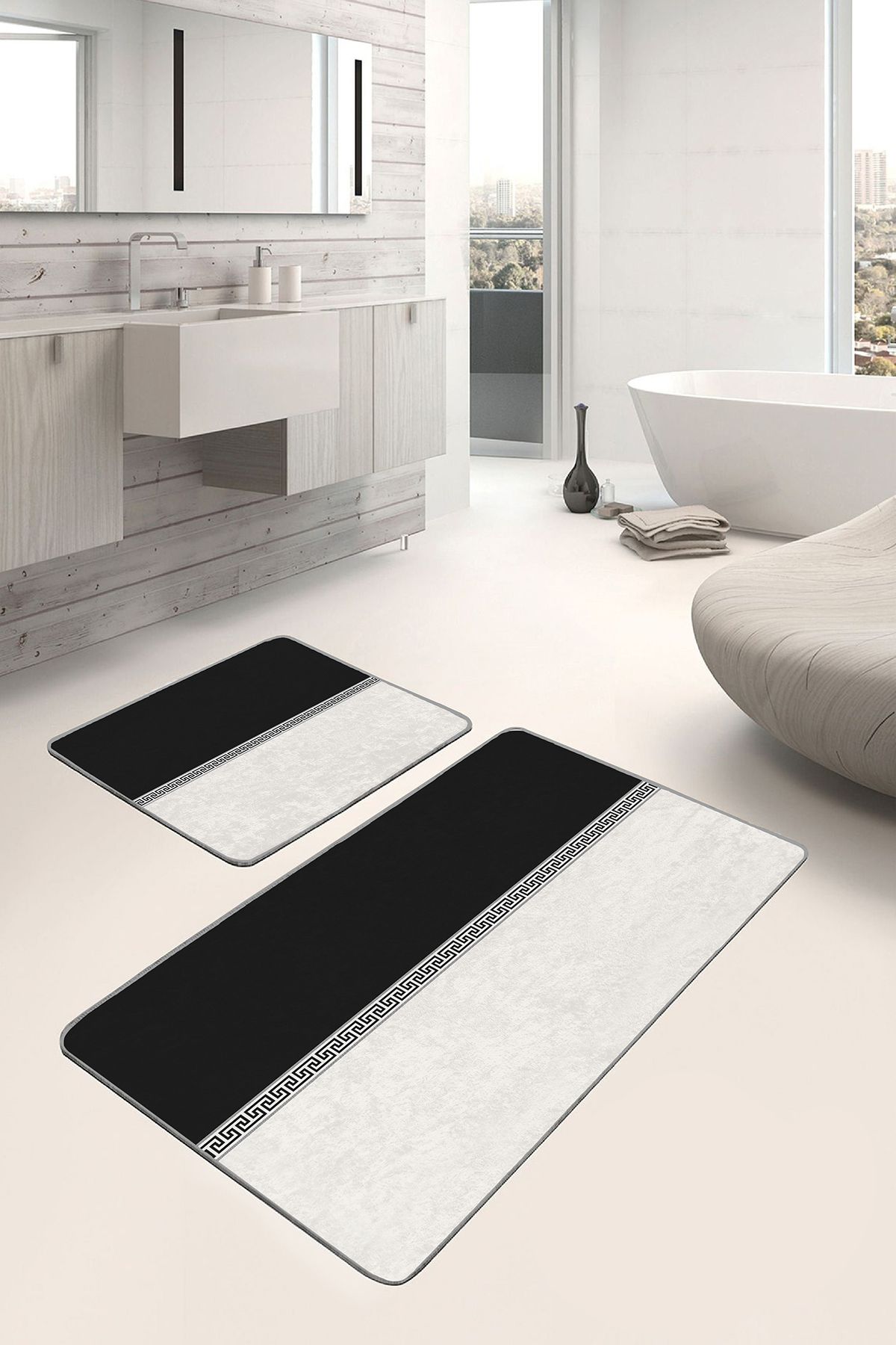 Realhomes 2'li Set Siyah - Gold Zeminde Klasik Motifli Geometrik Desenli 2'li Banyo & Mutfak Paspas Takımı