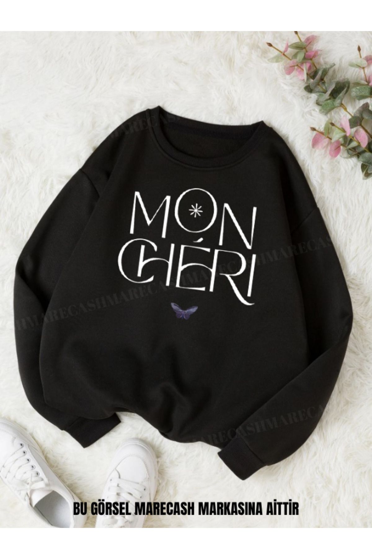 MARECASH Mon Cheri Baskılı Unisex Bisiklet Yaka Sweatshirt 3 İplik Kışlık