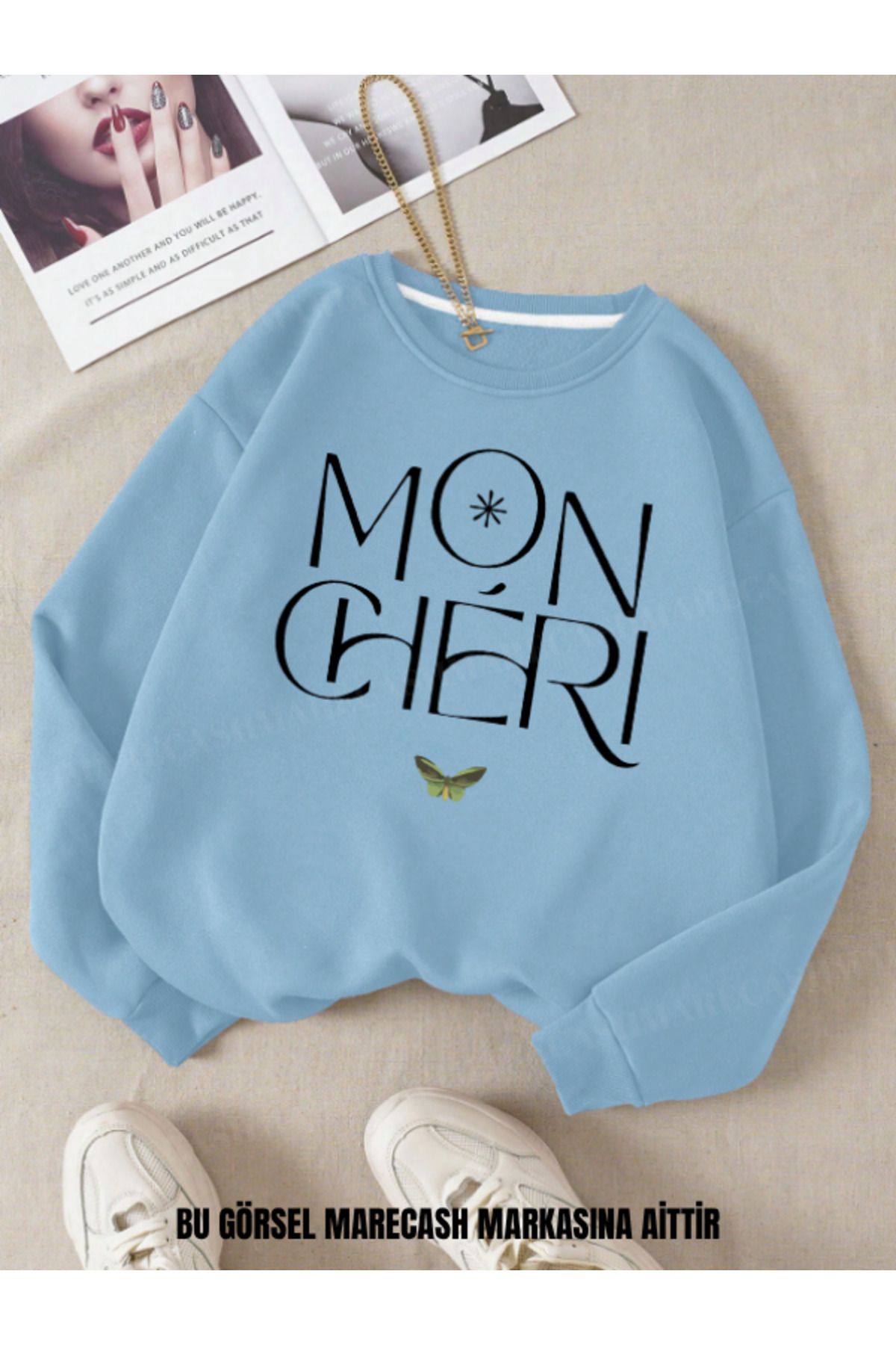 MARECASH Mon Cheri Baskılı Unisex Bisiklet Yaka Sweatshirt 3 İplik Kışlık
