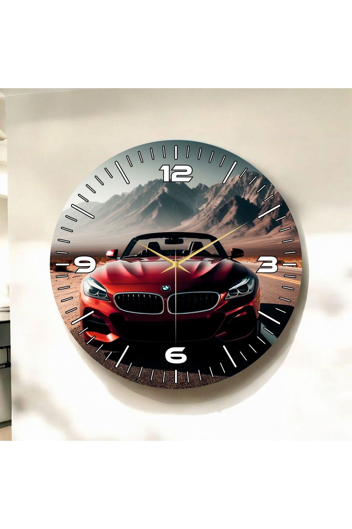 AA Shop Renkli Baskı Araba Desenli Sayılı Hediyelik Ahşap Sessiz Duvar Saati 50cm