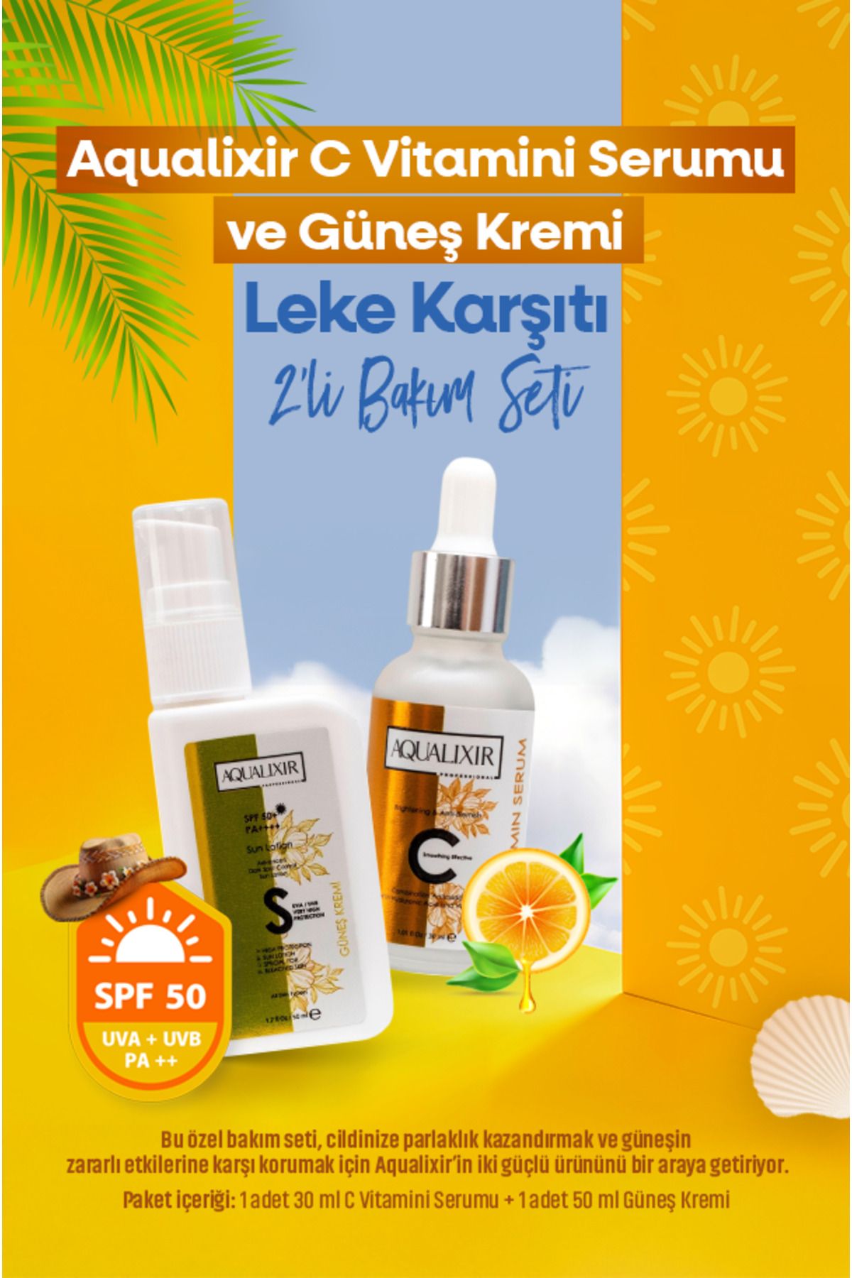 AQUALIXIR PROFESSIONAL C Vitamini Serumu Ve Güneş Kremi SPF50+ 2’li Leke Karşıtı Bakım Seti