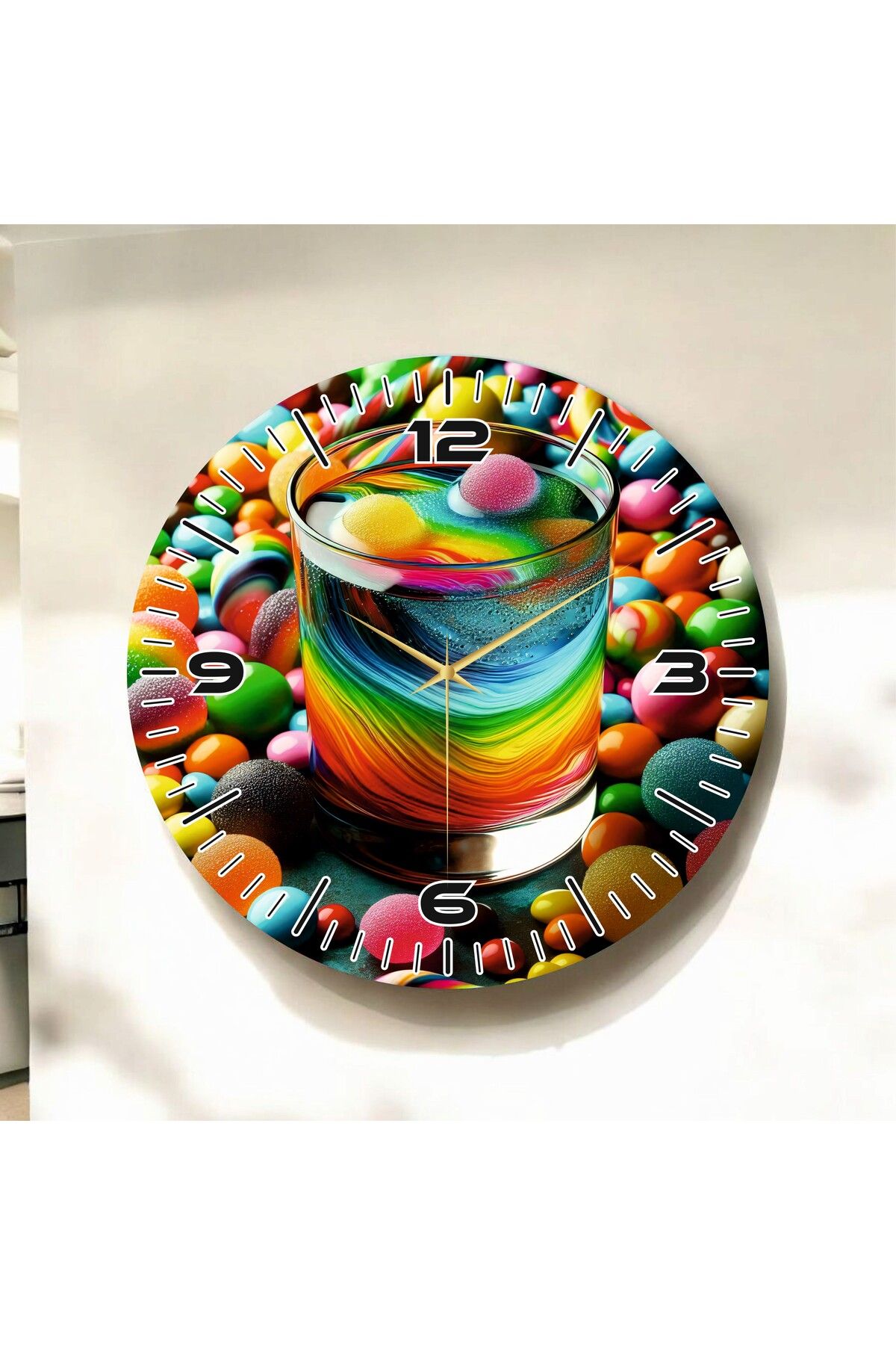 AA Shop Renkli Baskı Desenli Sayılı Hediyelik Ahşap Sessiz Duvar Saati 50cm