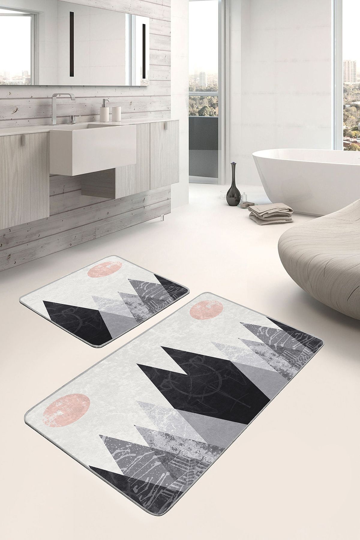 Realhomes 2'li Set Gri - Beyaz Zeminde Kanvas Motifli Modern Desenli Bohem Sade & Şık 2'li Banyo Paspas Takımı