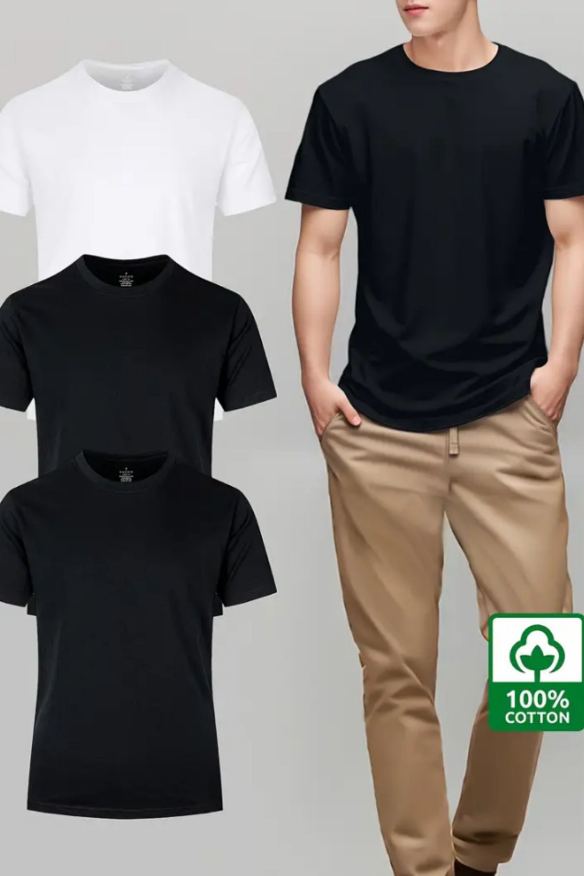 Tarz Cool Beyaz Siyah Siyah 3'lü Basic Bisiklet Yaka T-shirt