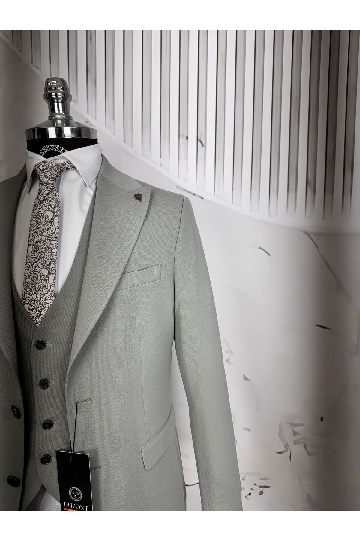 Slim Fit Çift Düğme Yelekli Takım Elbise — خاکستری 29103440 — تصویر 3 از 4