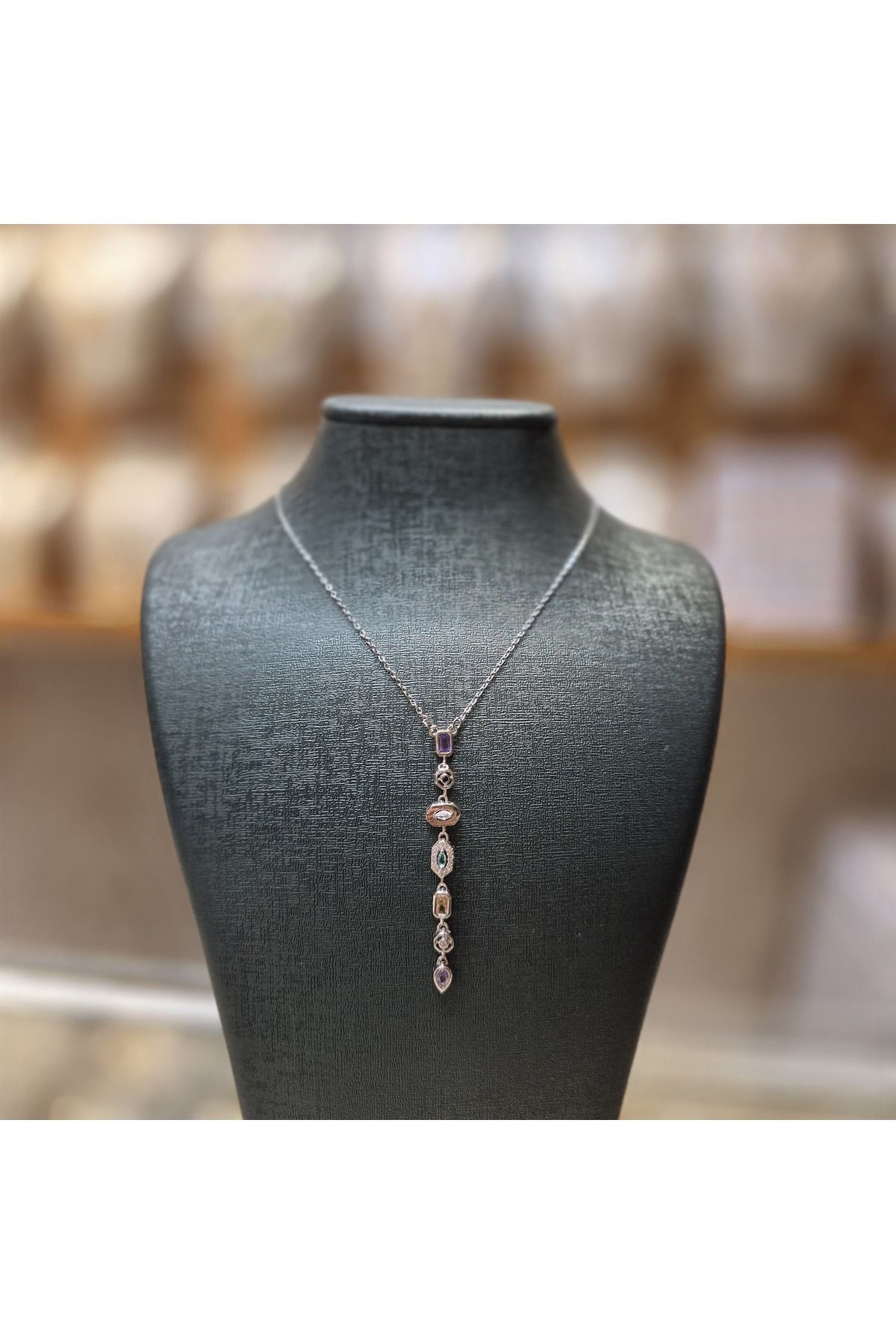 JEWELRY GÜMÜŞ RENKLİ TAŞLI Y KOLYE