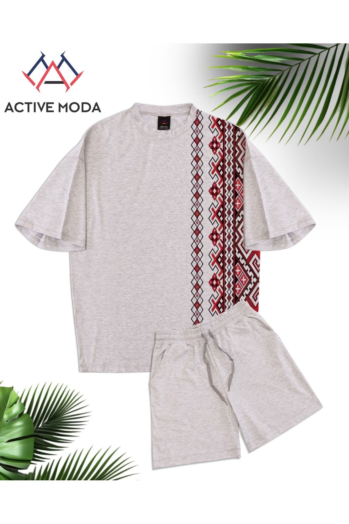 ACTIVE MODA - ERKEK KISA KOLLU PAMUKLU TSHIRT-ŞORT 2Lİ TAKIM OVERSİZE GRİ RENK