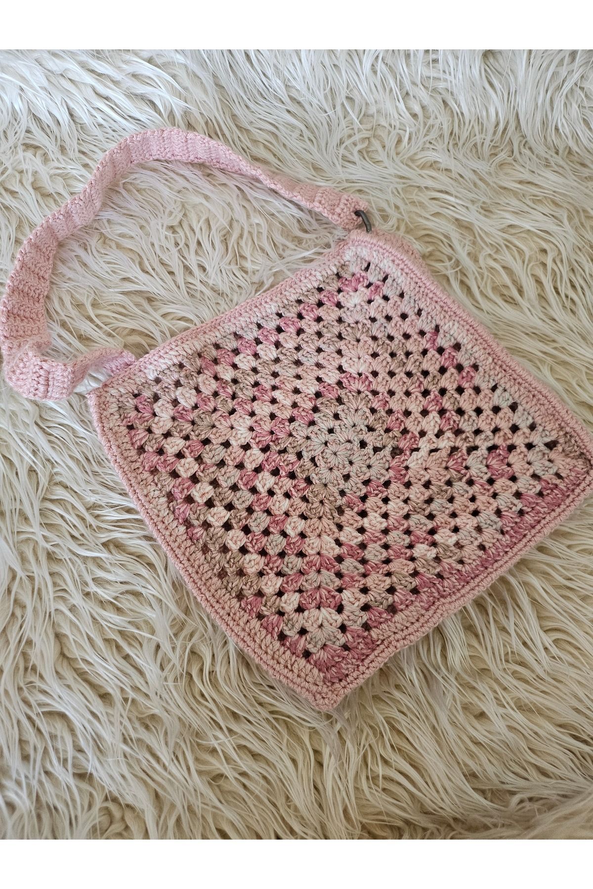 myshopen Pembe Tonlarda Motifli Heybe Çanta – El Örmesi Şık ve Benzersiz