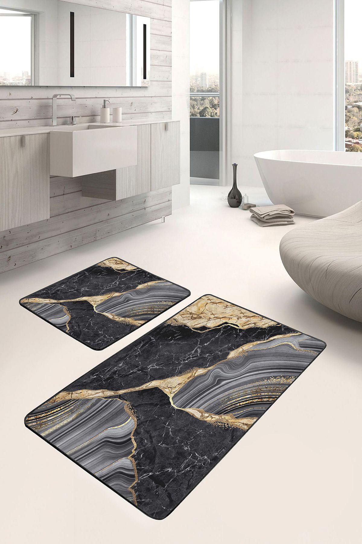 Realhomes Gold - Siyah Zeminde Mermer Motifli Modern Sanat Sade & Şık Klasik 2'li Banyo & Mutfak Paspas Takımı