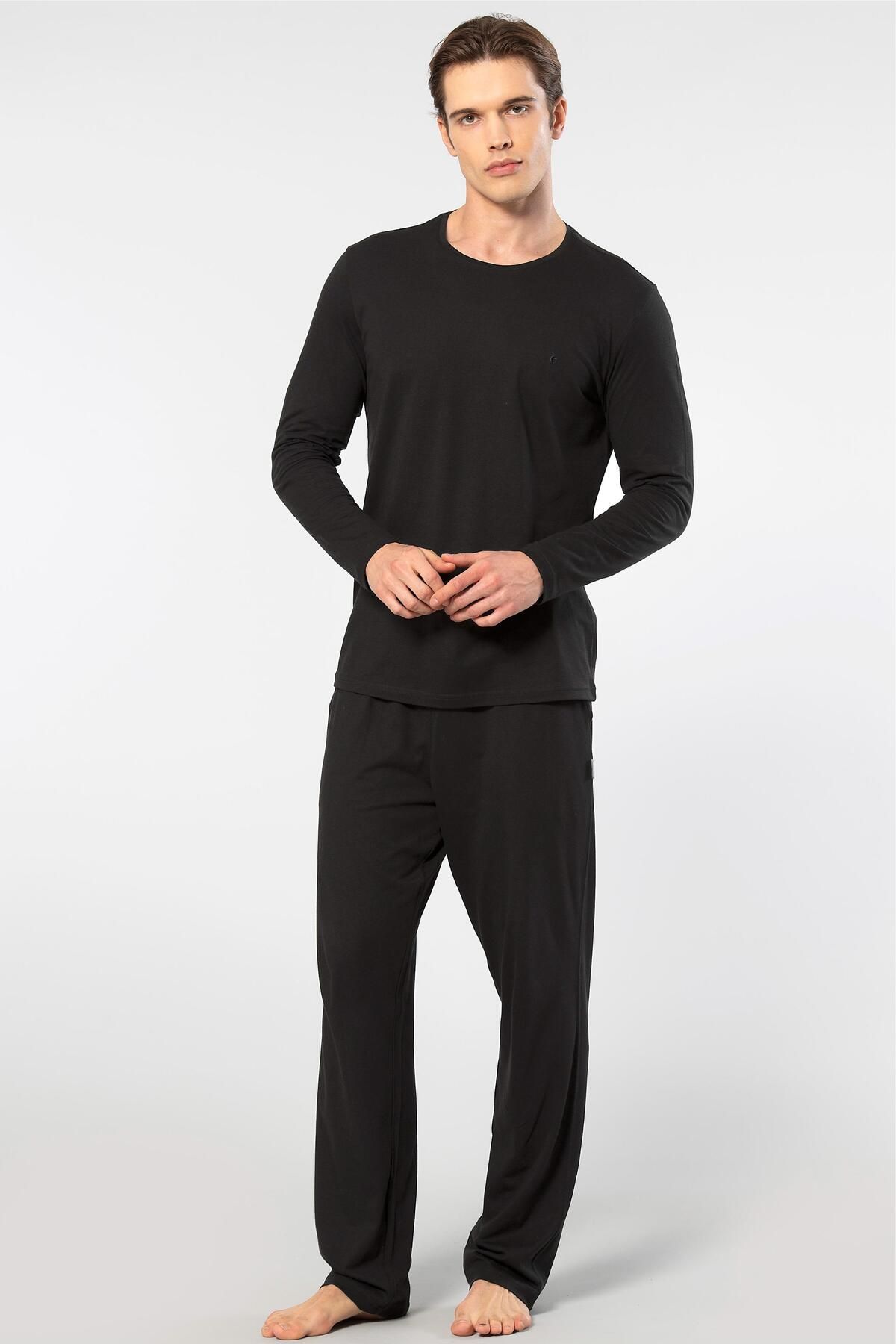 Cacharel Erkek Yuvarlak Yaka Uzunkol Pijama Takım, %50 Modal, %50 Pamuk Alt Pijama ceplidir