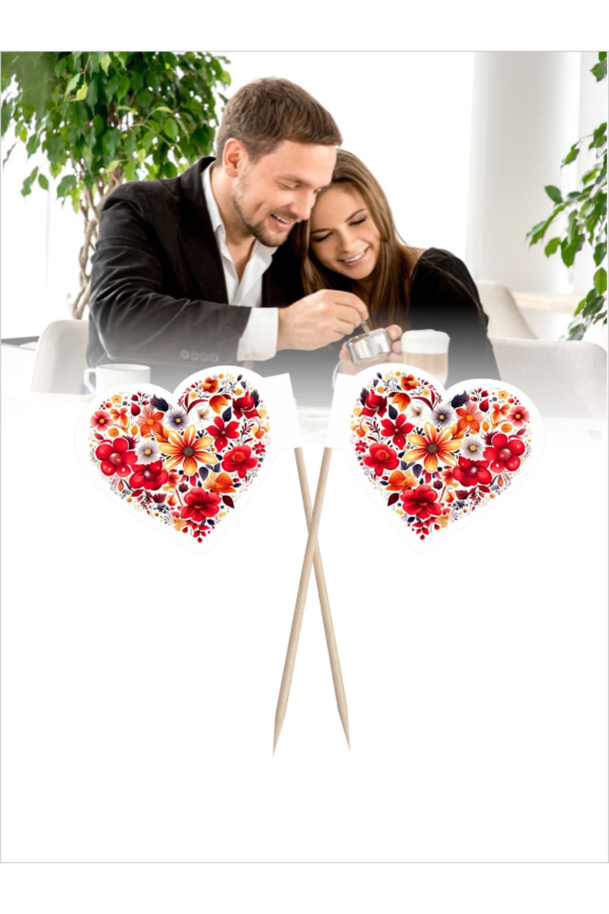 Home Kırmızı Çiçekli Kalp Modelinde Bayraklı Kürdanlar - 10cm 30 Adet